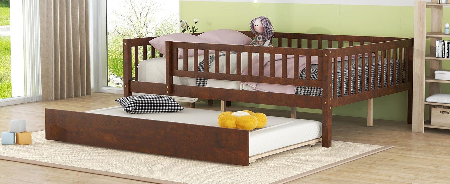 Full Size Wood Daybed with Trundle and Fence Guardrails, Walnut