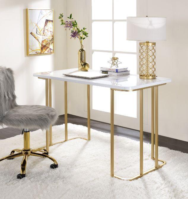 ACME Estie Writing Desk, White & Gold Finish 93102 image