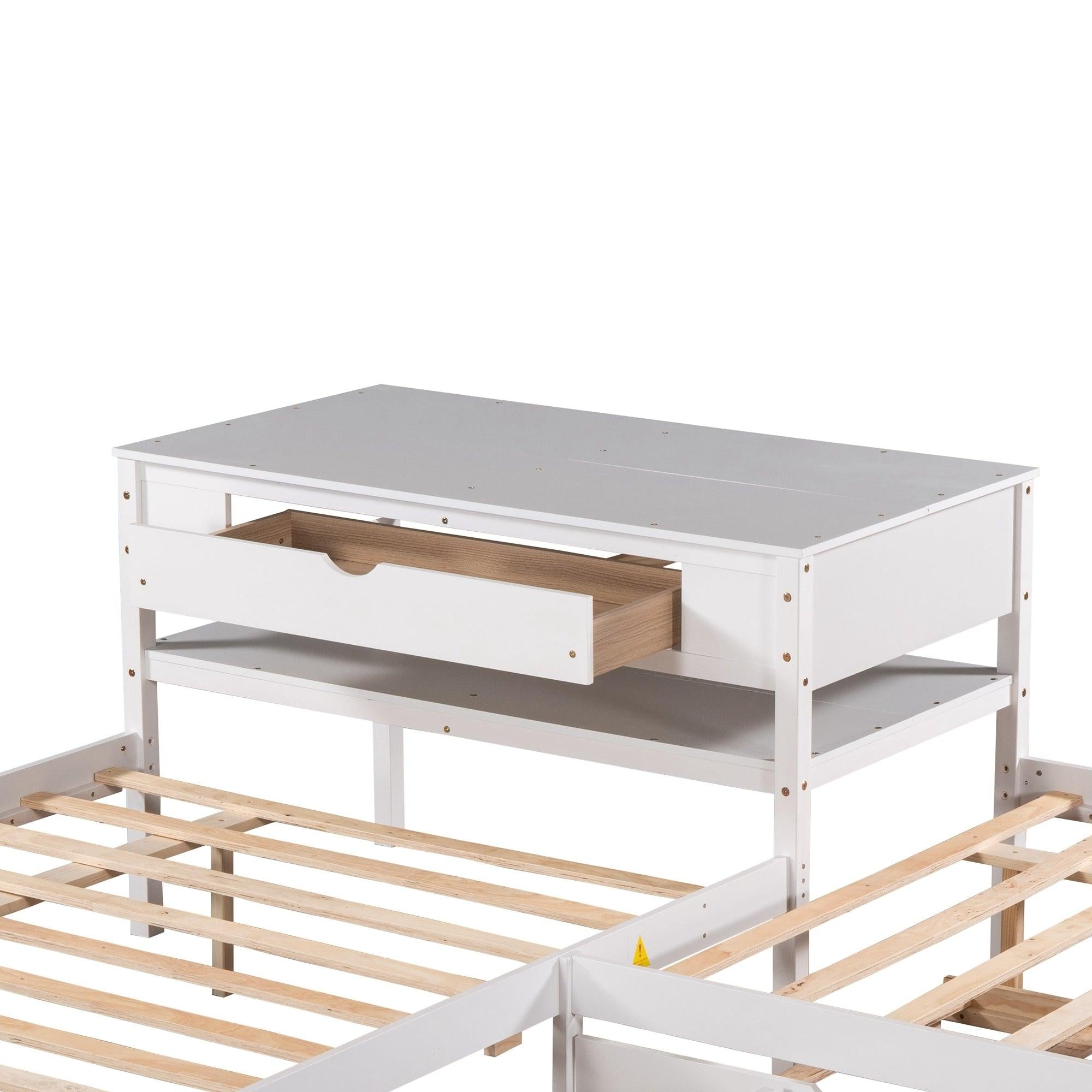 Full Size L-shaped Platform Beds with Twin Size Trundle and Drawers Linked with Built-in Rectangle Table,White