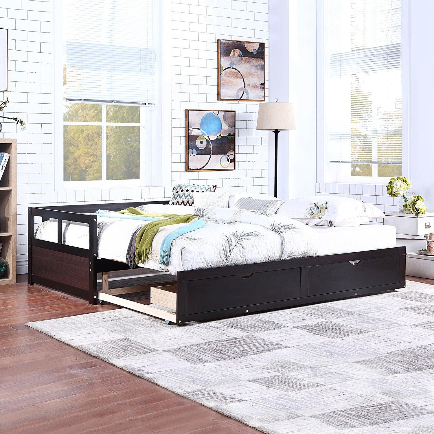 Wooden Daybed with Trundle Bed and TwoStorage Drawers , Extendable Bed Daybed,Sofa Bed for Bedroom Living Room,Espresso