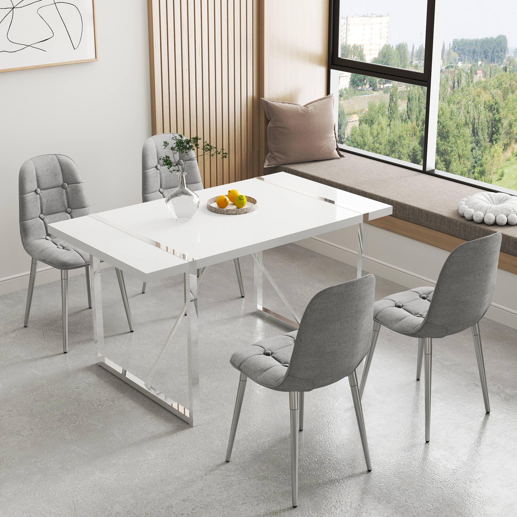 Dining Table.Rustic Industrial Rectangular MDF Wood White Dining Table For 4-6 Person, With 1.6" Thick Engineered Wood Tabletop and plating Metal Legs, For writing DeskKitchen terrace Dining  Room