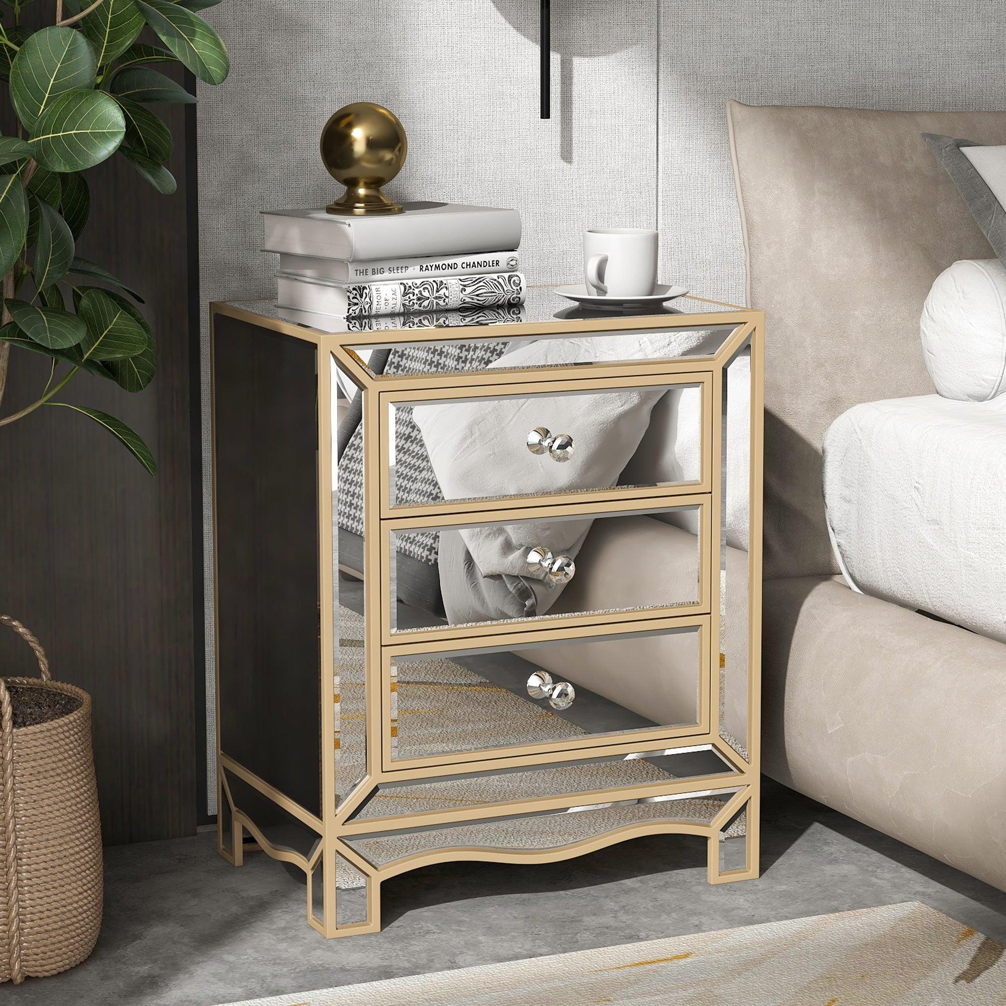 W 19.7" X D 15" X H 26" Champagne mirror three extraction cabinet, multifunctional bedside table