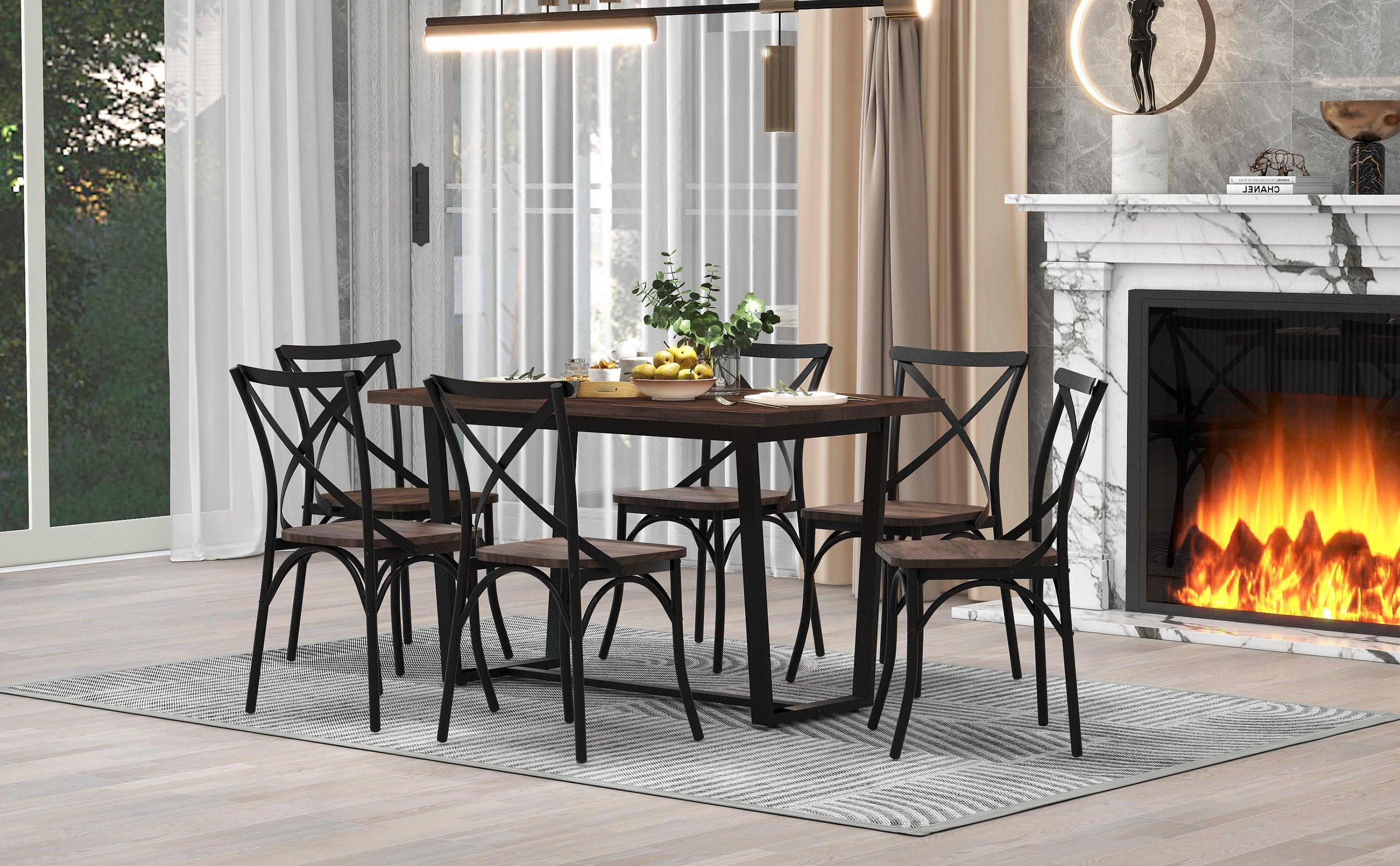 7 Piece Industrial Dining Table Set Rectangular Table with 6 Dining Chairs Kitchen Table Set with Metal Frame (Rustic Brown)