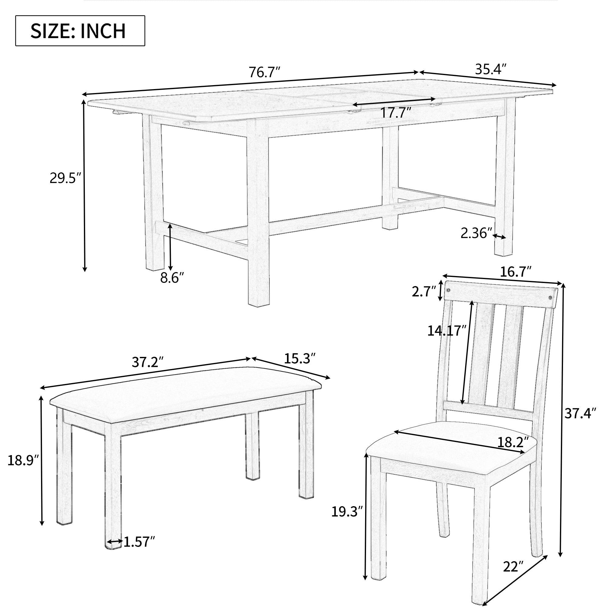 Six-person Rubber Wood & MDF Boards Dining Table Set Four Chairs A Bench Adjustable Table Length with Hidden Flip Leaves (Gray)