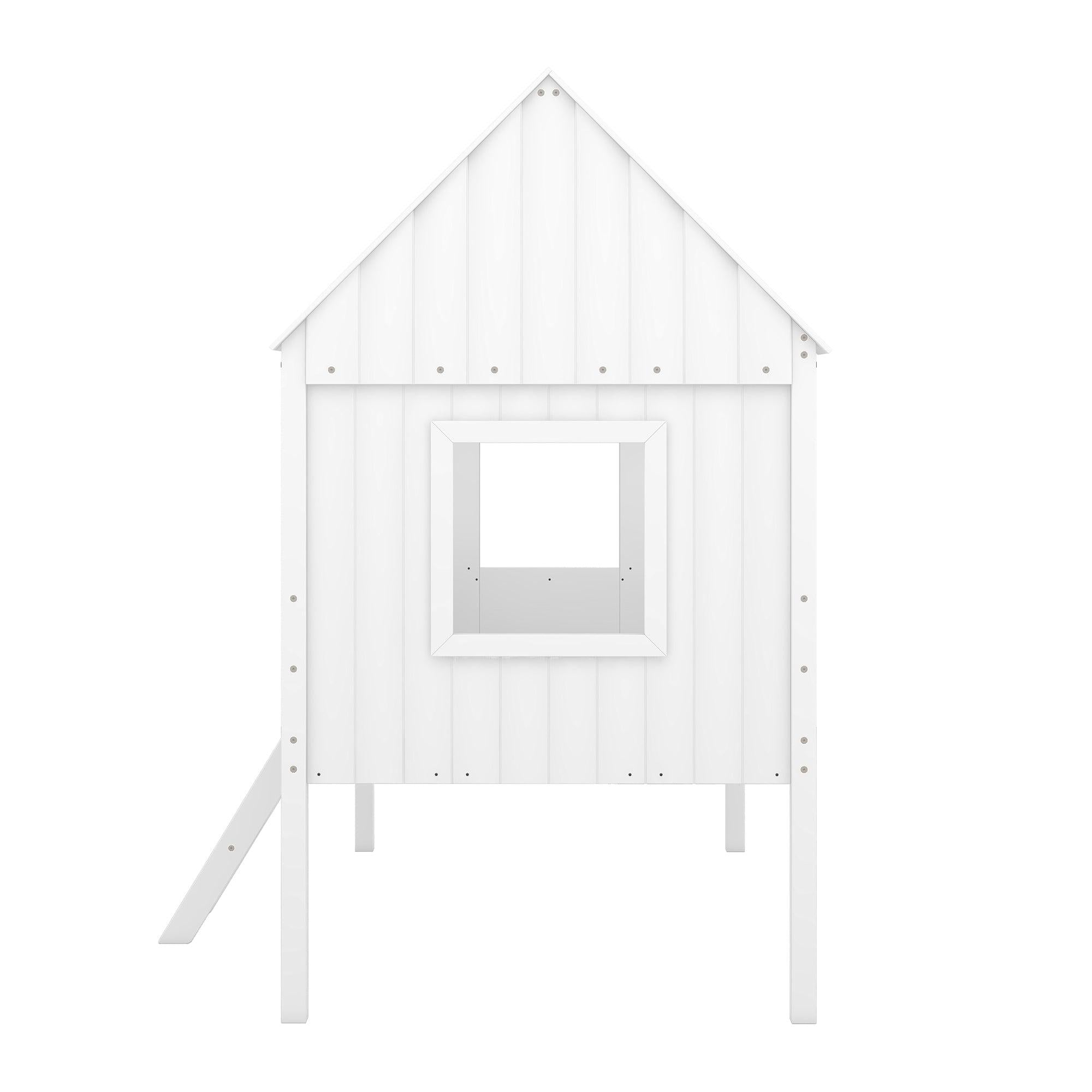 Twin Size Low Loft Wood House Bed with Two Side Windows  (White)