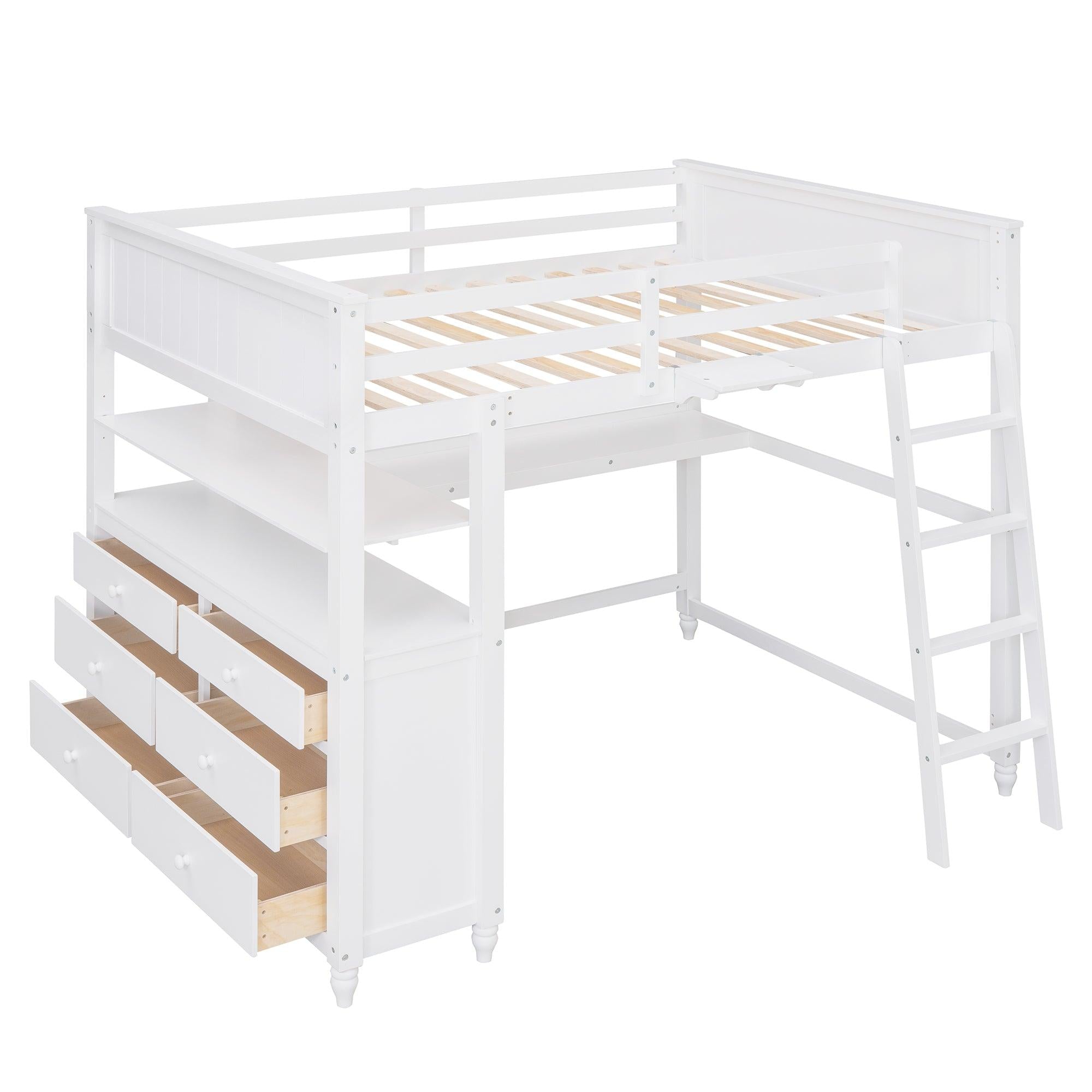 Full size Loft Bed with Drawers and Desk, Wooden Loft Bed with Shelves - White