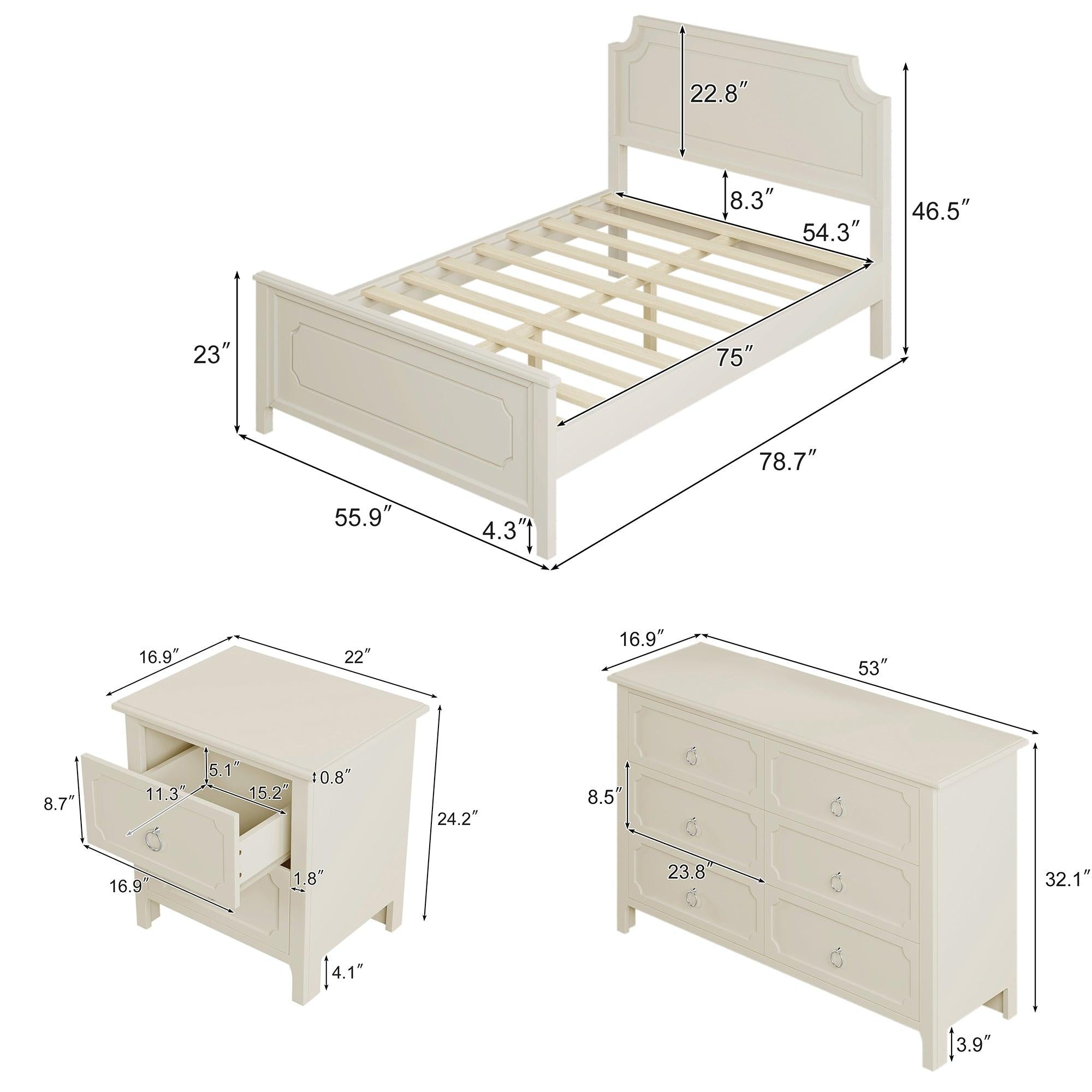 3 Pieces Bedroom Sets Milky White Solid Rubber Wood Full Size Platform Bed with Nightstand and Dresser