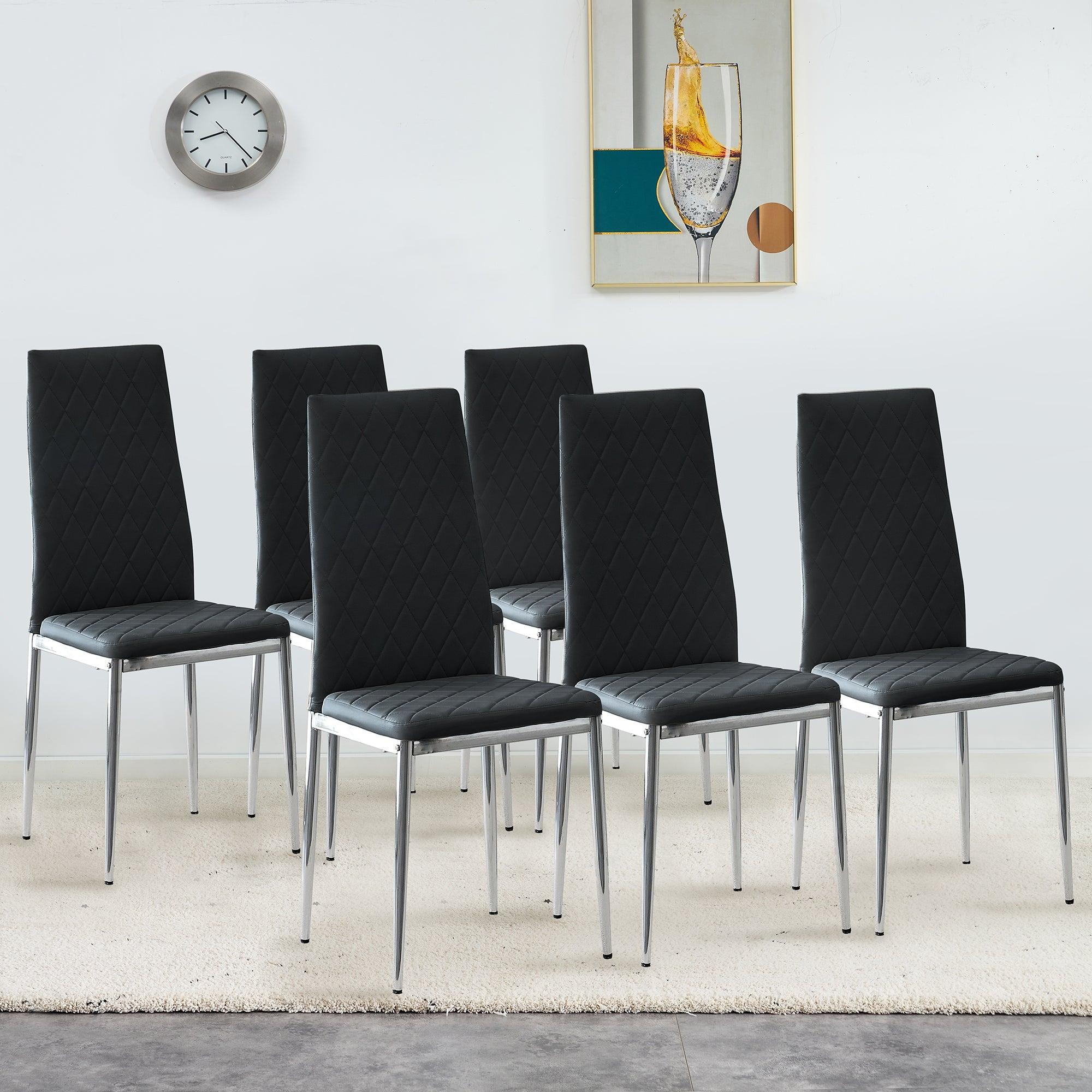 Grid Shaped Armless High Back Dining Chair, 6-piece set, Office Chair. Applicable to DiningRoom, Living Room, Kitchen and Office.Black Chair and Electroplated Metal Leg image