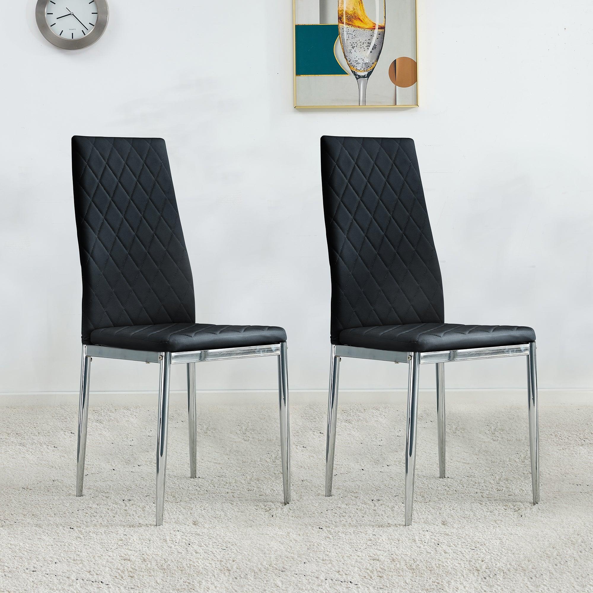 Grid Shaped Armless High Back Dining Chair,4-Piece Set, Office Chair. Applicable to Dining Room, Living Room, Kitchen and Office.Black Chair and Electroplated Metal Leg