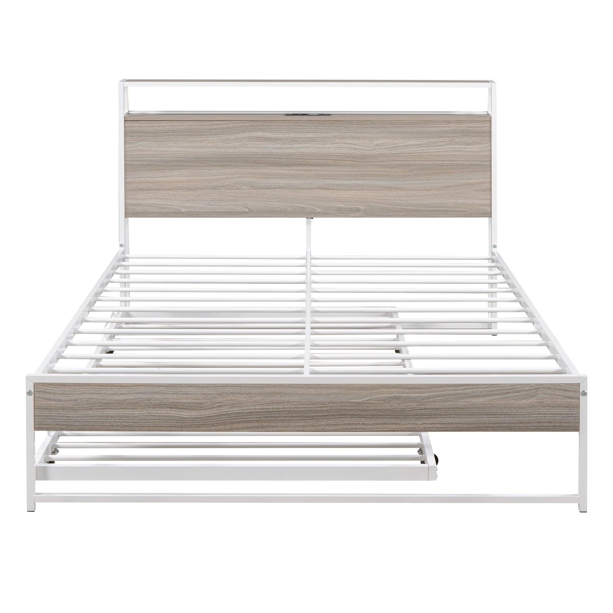 Full Size Metal Platform Bed Frame with Trundle, USB Ports and Slat Support ,No Box Spring Needed White