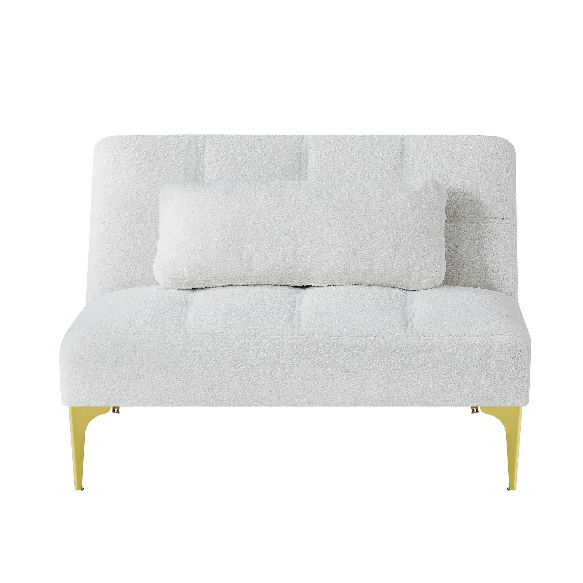 Convertible sofa bed futon with gold metal legs teddy fabric (White)