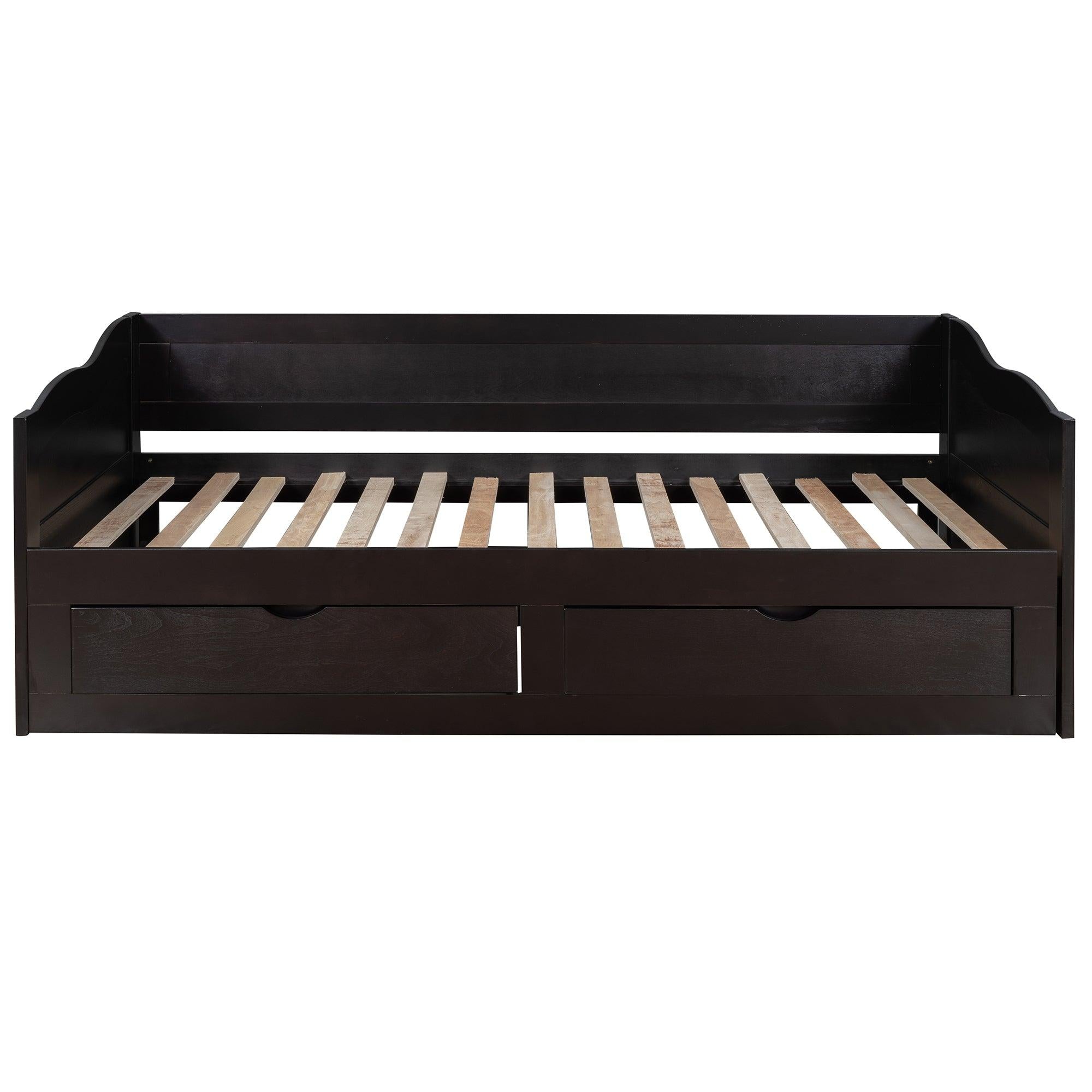 Wooden Daybed with Trundle Bed and TwoStorage Drawers , Extendable Bed Daybed,Sofa Bed with Two Drawers, Espresso