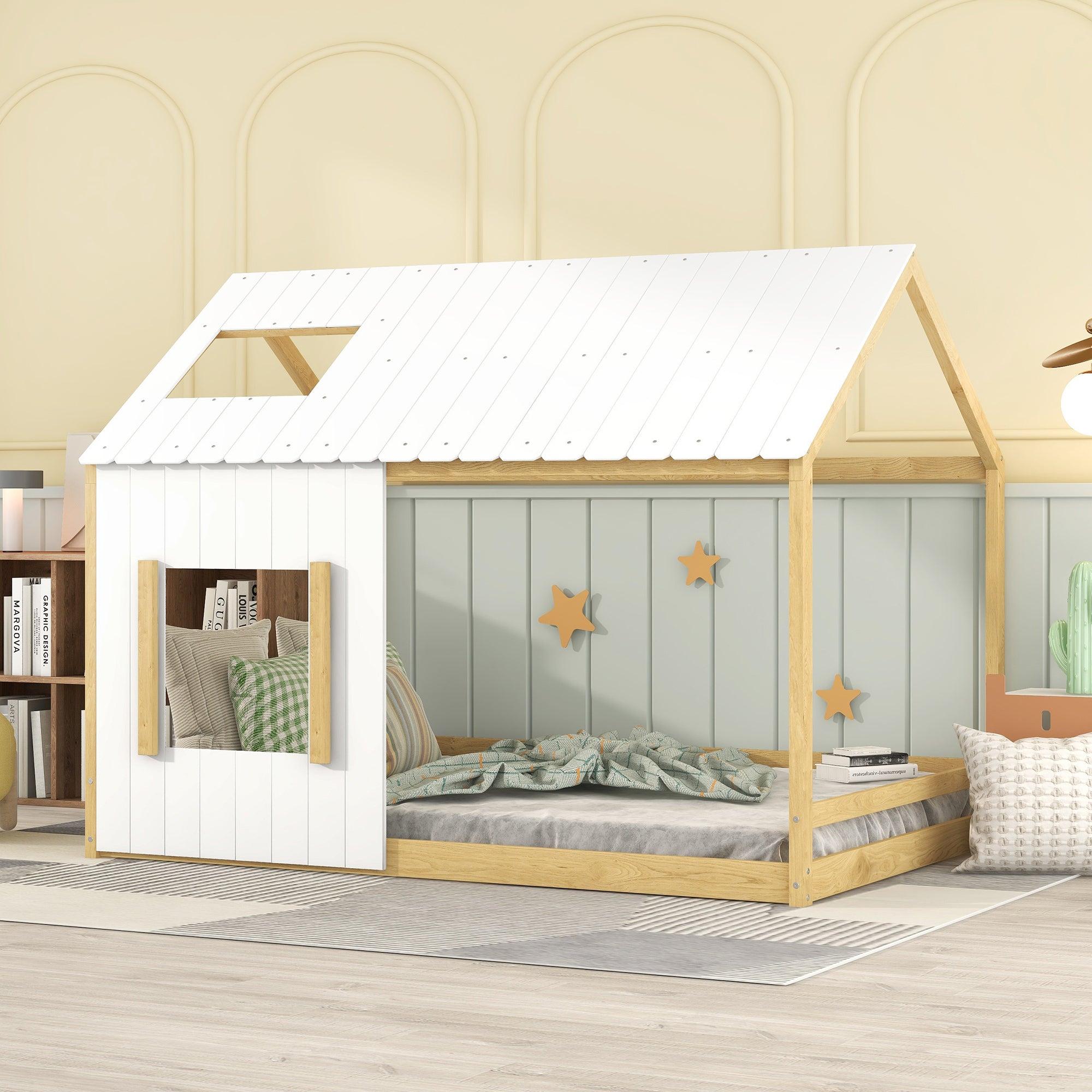 Full Size House Bed with Roof and Window - White+Natural image