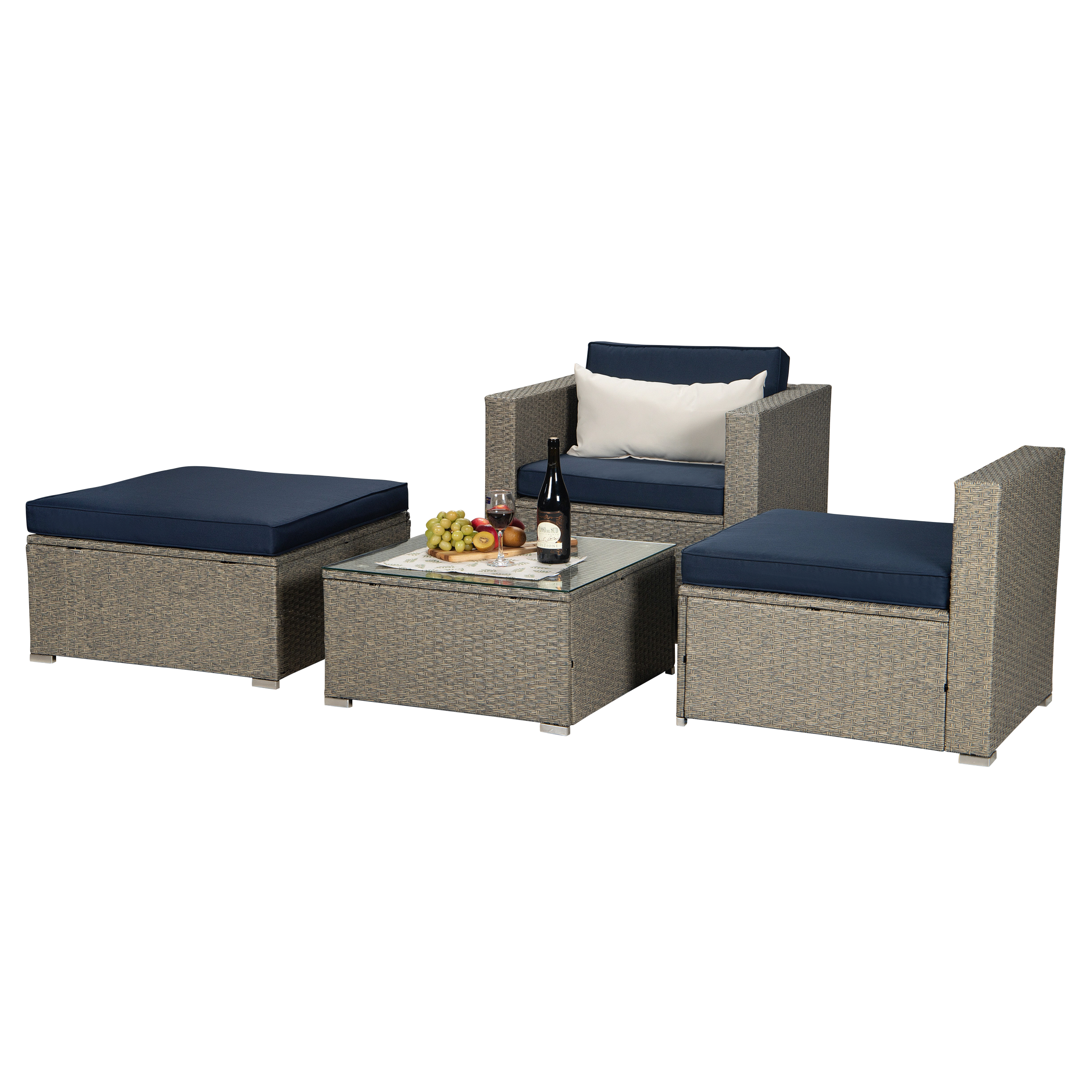 Outdoor Garden Patio Furniture 4-Piece Gray Mix Yellow PE Rattan Wicker Sectional Navy Cushioned Sofa Sets with One Beige Pillow