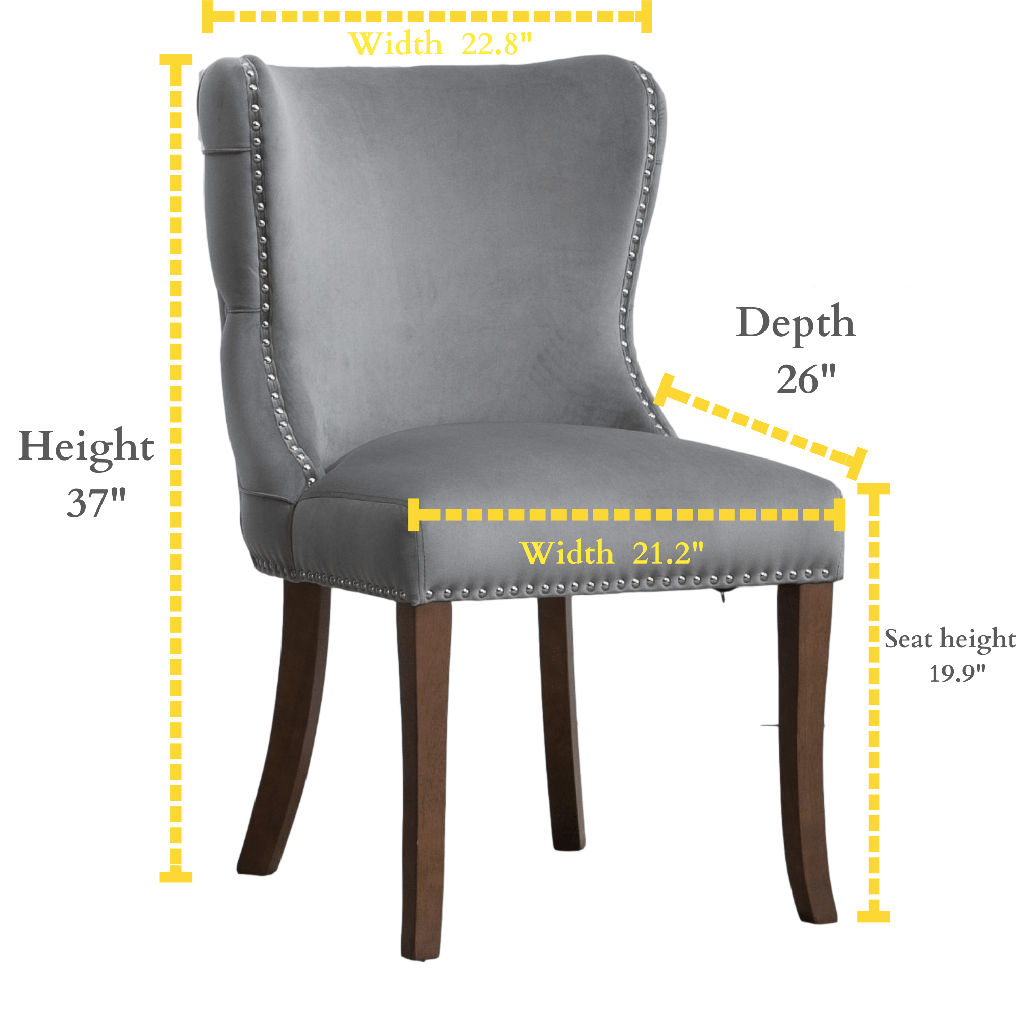 Set of 2 upholstered wing-back dining chair with backstitching nailhead trim and solid wood legs