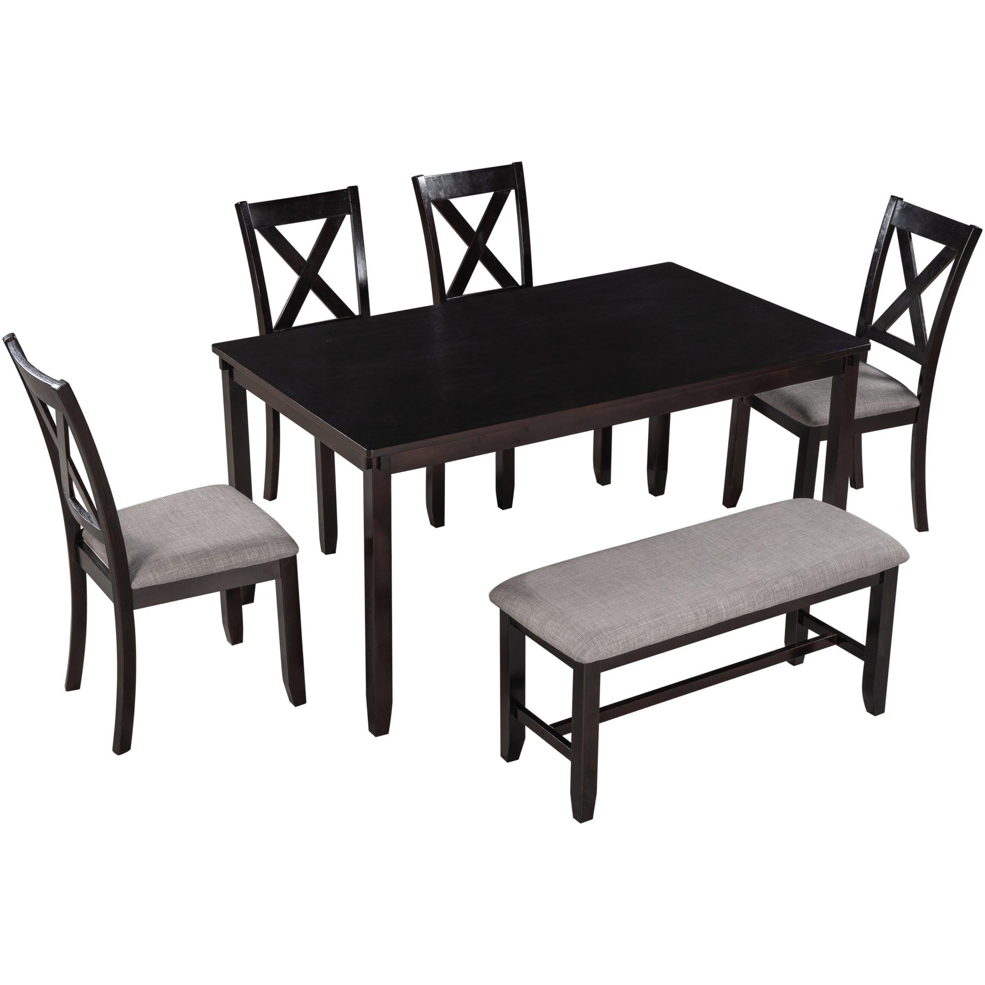 6-Piece Kitchen Dining Table Set Wooden Rectangular Dining Table, 4 Fabric Chairs and Bench Family Furniture (Espresso)