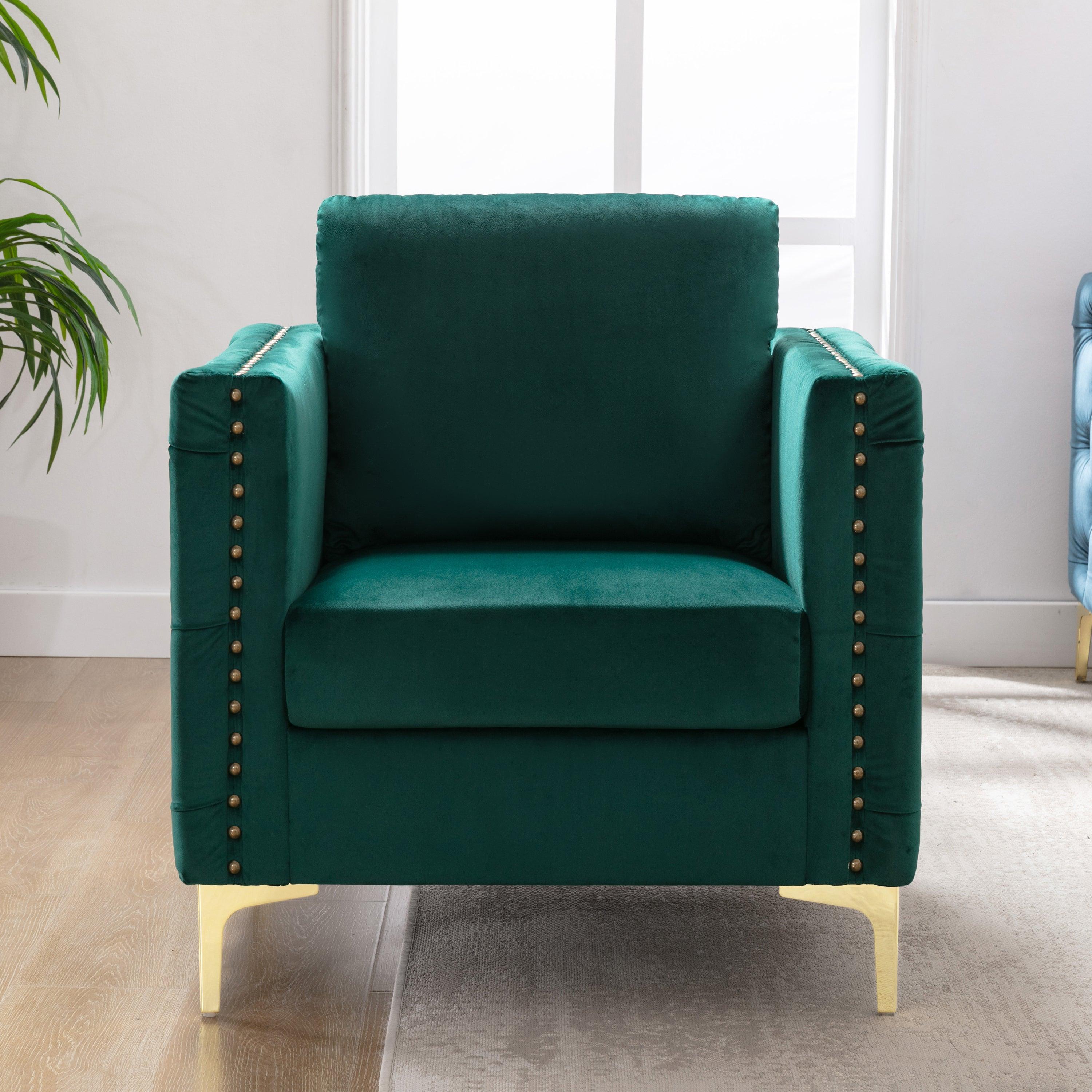 Modern Velvet Armchair Tufted Button Accent Chair Club Chair with Steel Legs for Living Room Bedroom，Green