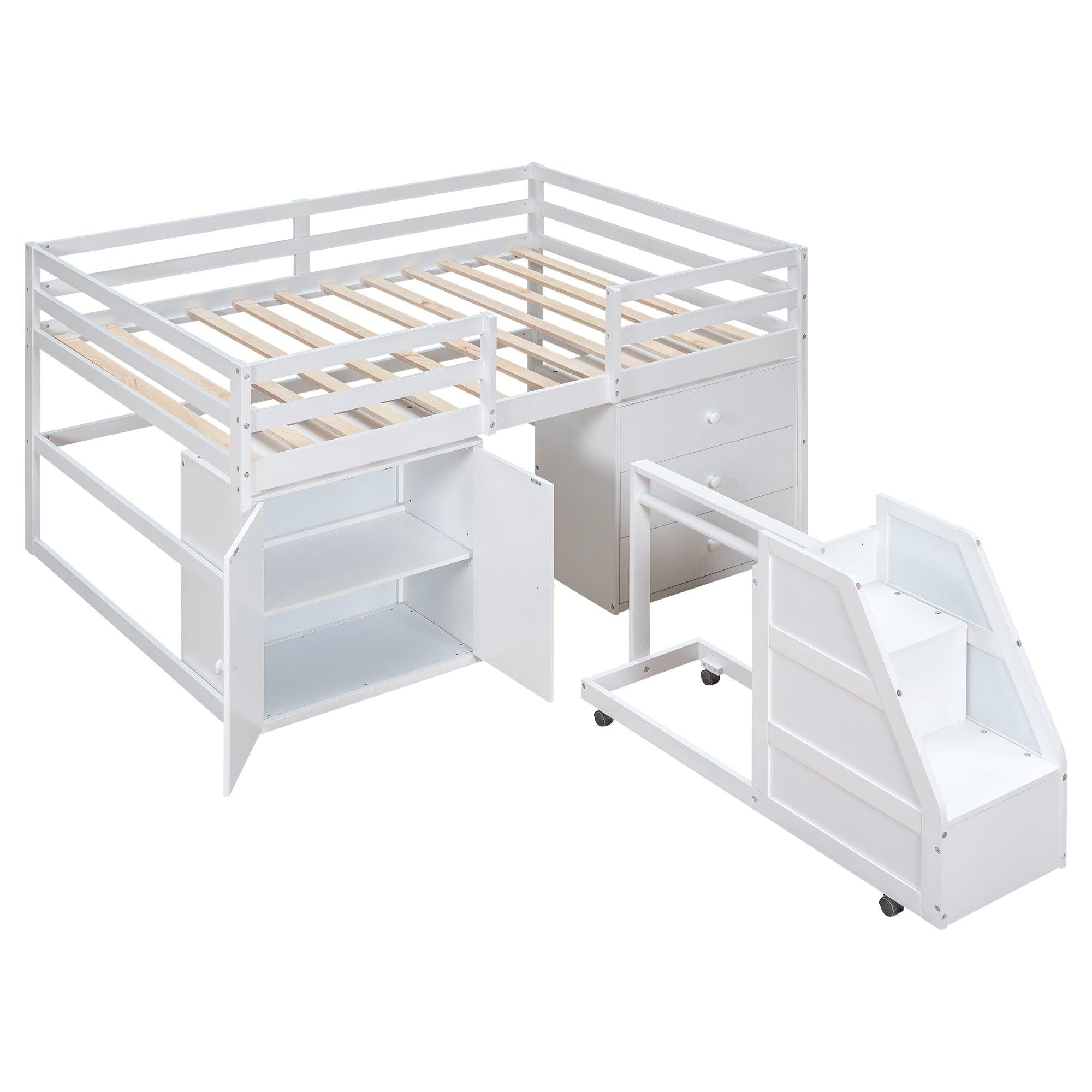 Full Size Functional Loft Bed with Cabinets and Drawers, Hanging Clothes at the back of the Staircase, White