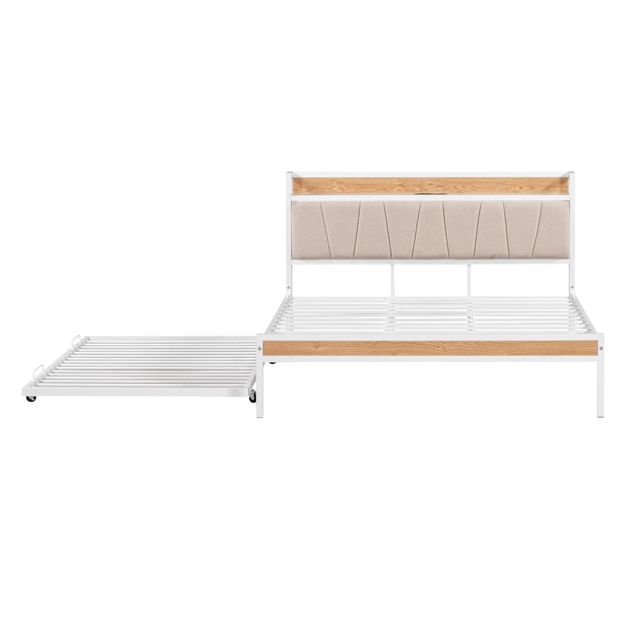 Queen Size Metal Platform Bed Frame with Twin size trundle, Upholstered headboard ，Sockets, USB Ports and Slat Support ,No Box Spring Needed，White