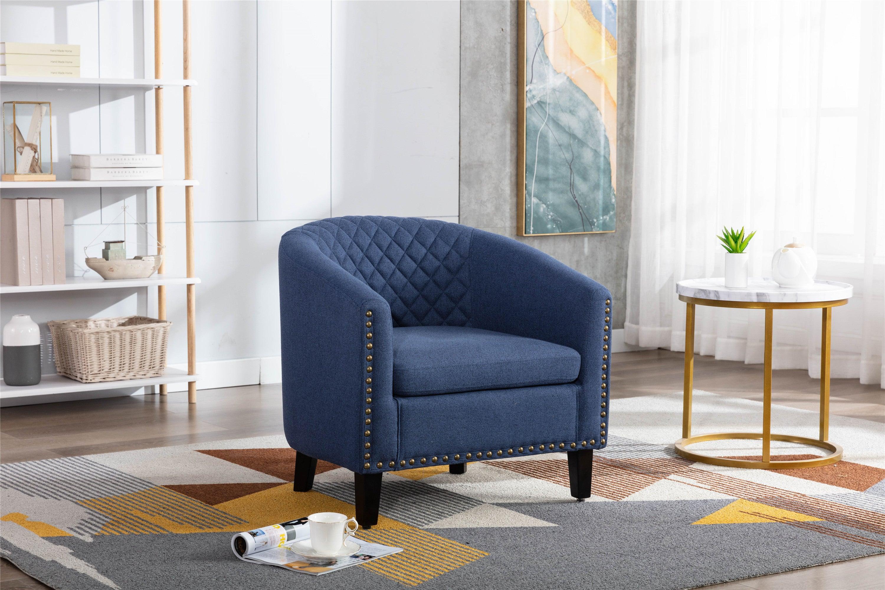 accent Barrel chair living room chair with nailheads and solid wood legs  Black  Navy  Linen