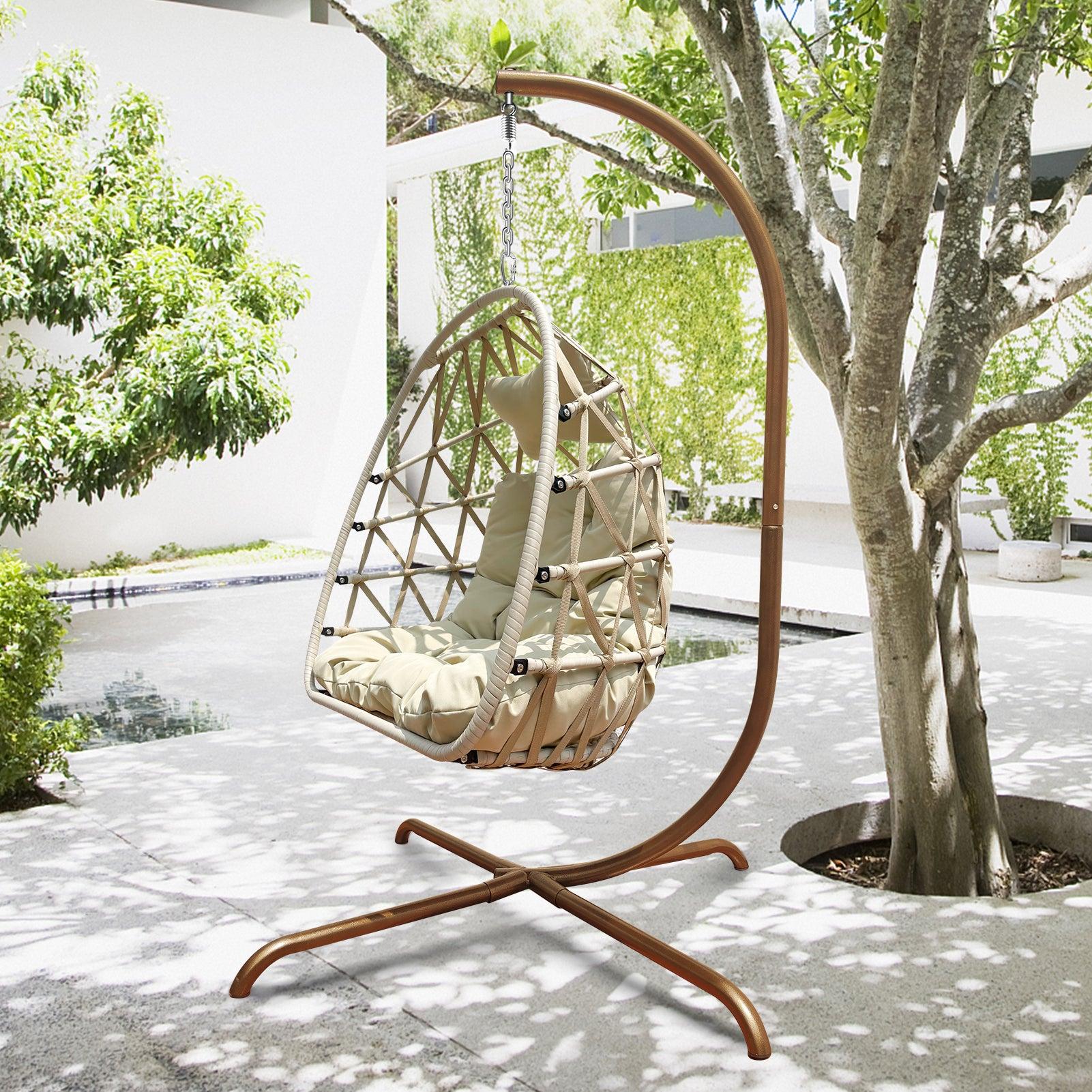 Swing Egg Chair with Stand Indoor Outdoor Wicker Rattan Patio Basket Hanging Chair with C Type bracket , with cushion and pillow,Patio Wicker folding Hanging Chair image