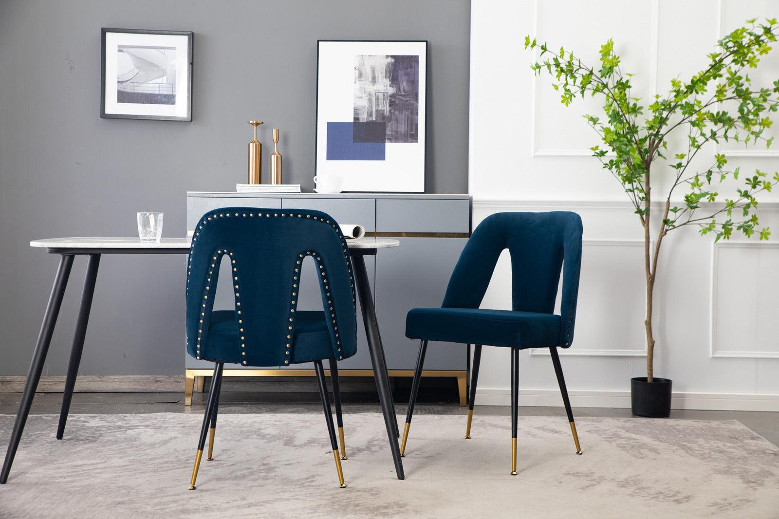 Akoya CollectionModern | Contemporary Velvet Upholstered Dining Chair with Nailheads and Gold Tipped Black Metal Legs,Blue,Set of 2