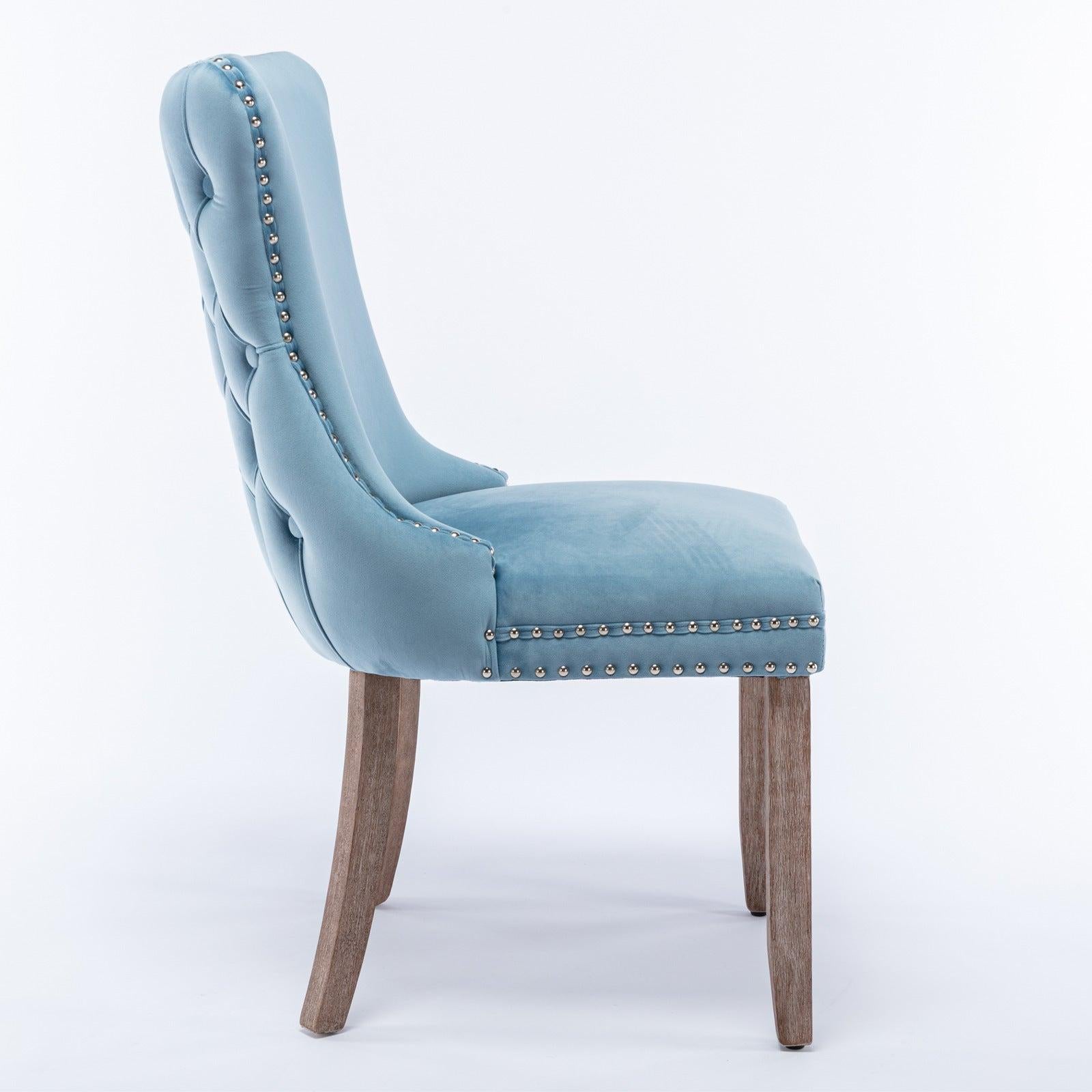 Cream Upholstered Wing-Back Dining Chair with Backstitching Nailhead Trim and Solid Wood Legs,Set of 2, Light Blue