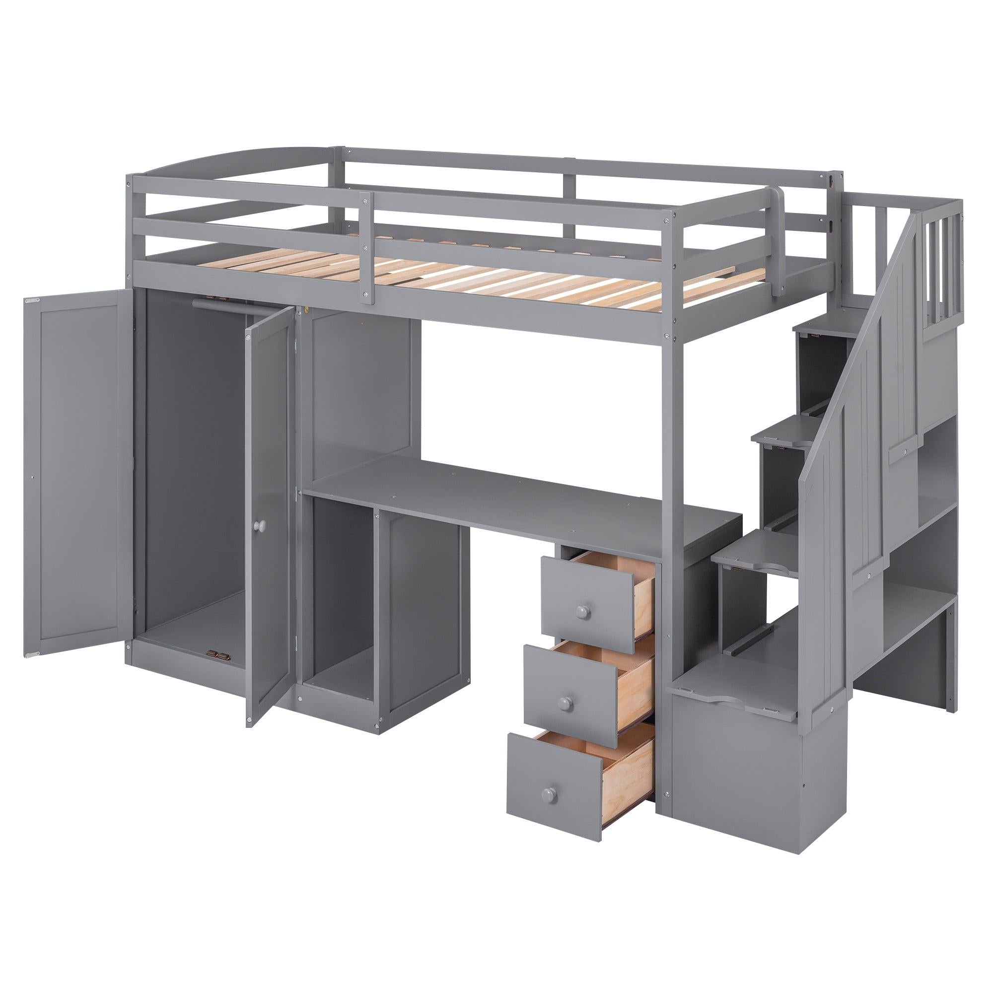 Twin Size Loft Bed with Wardrobe and Staircase, Desk andStorage Drawers and Cabinet in 1,Gray