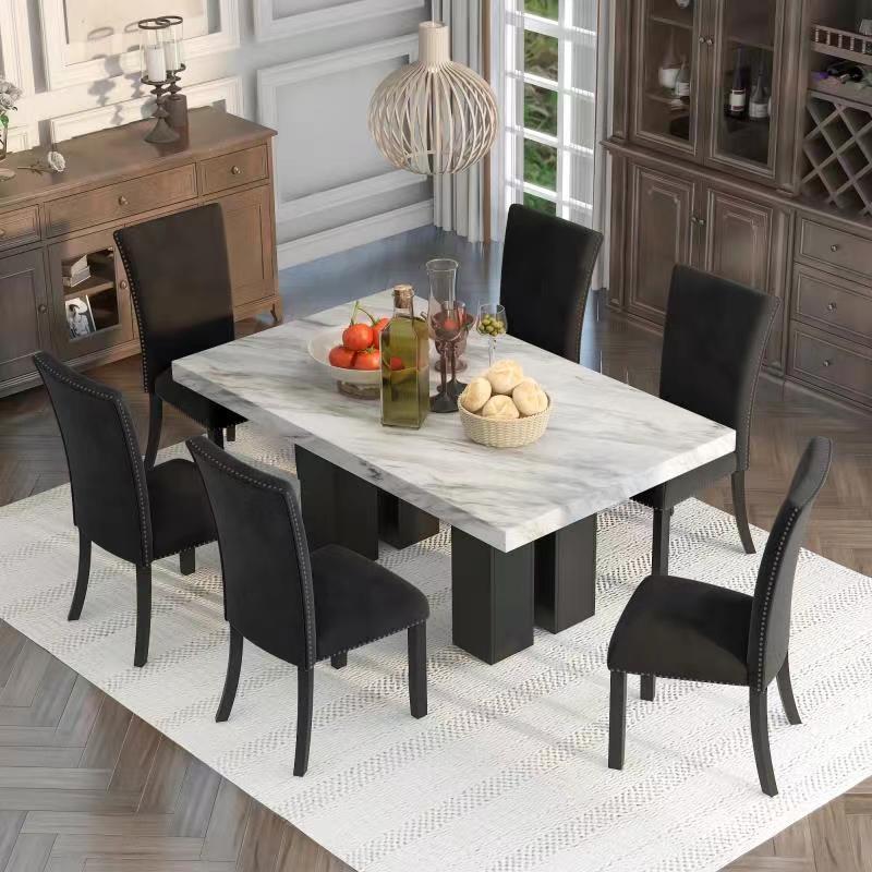 7-piece Dining Table Set with 1 Faux Marble Dining Rectangular Table and 6 Upholstered-Seat Chairs ,for Dining room and Living Room ,Black