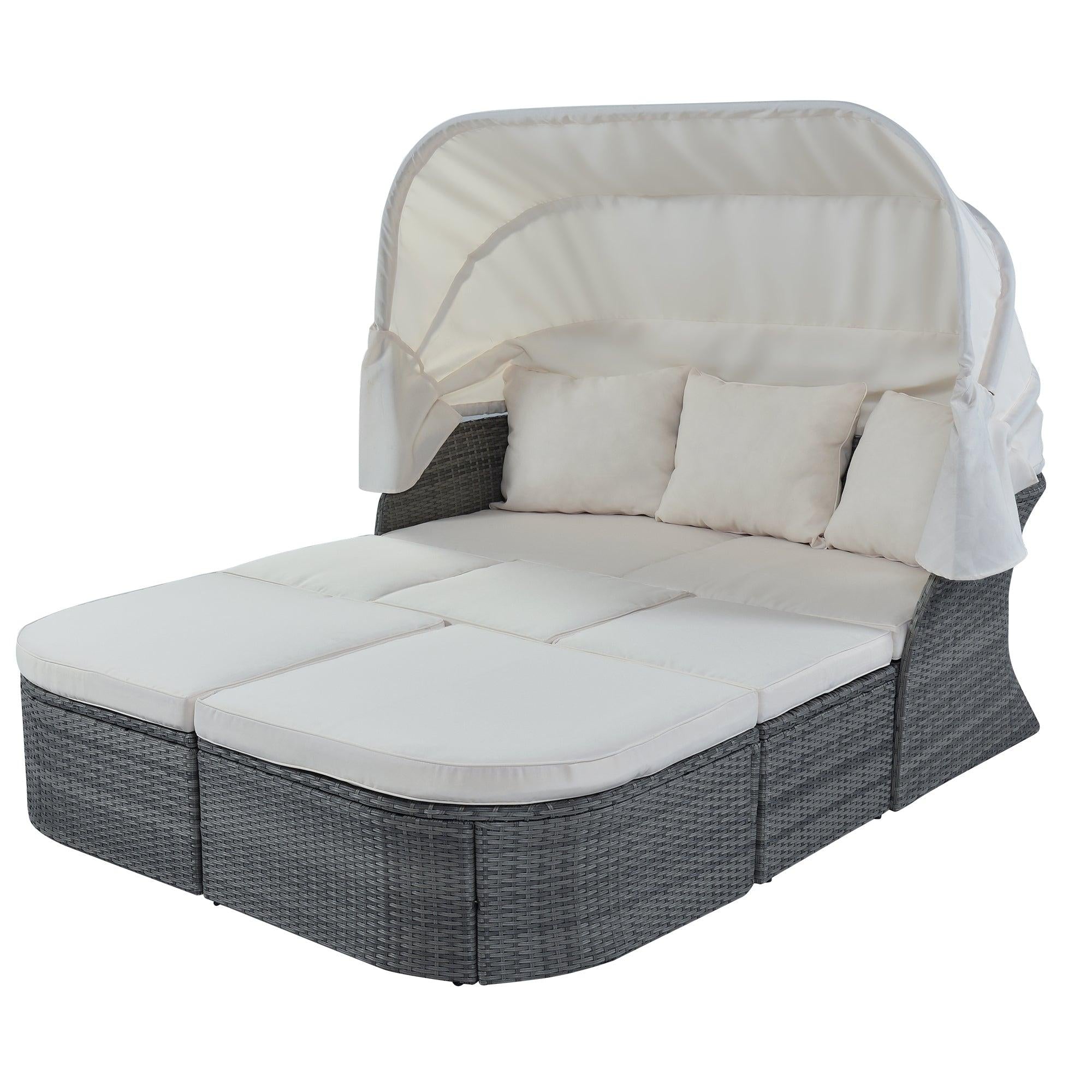 Outdoor Patio Furniture Set Daybed Sunbed with Retractable Canopy and Beige Cushions