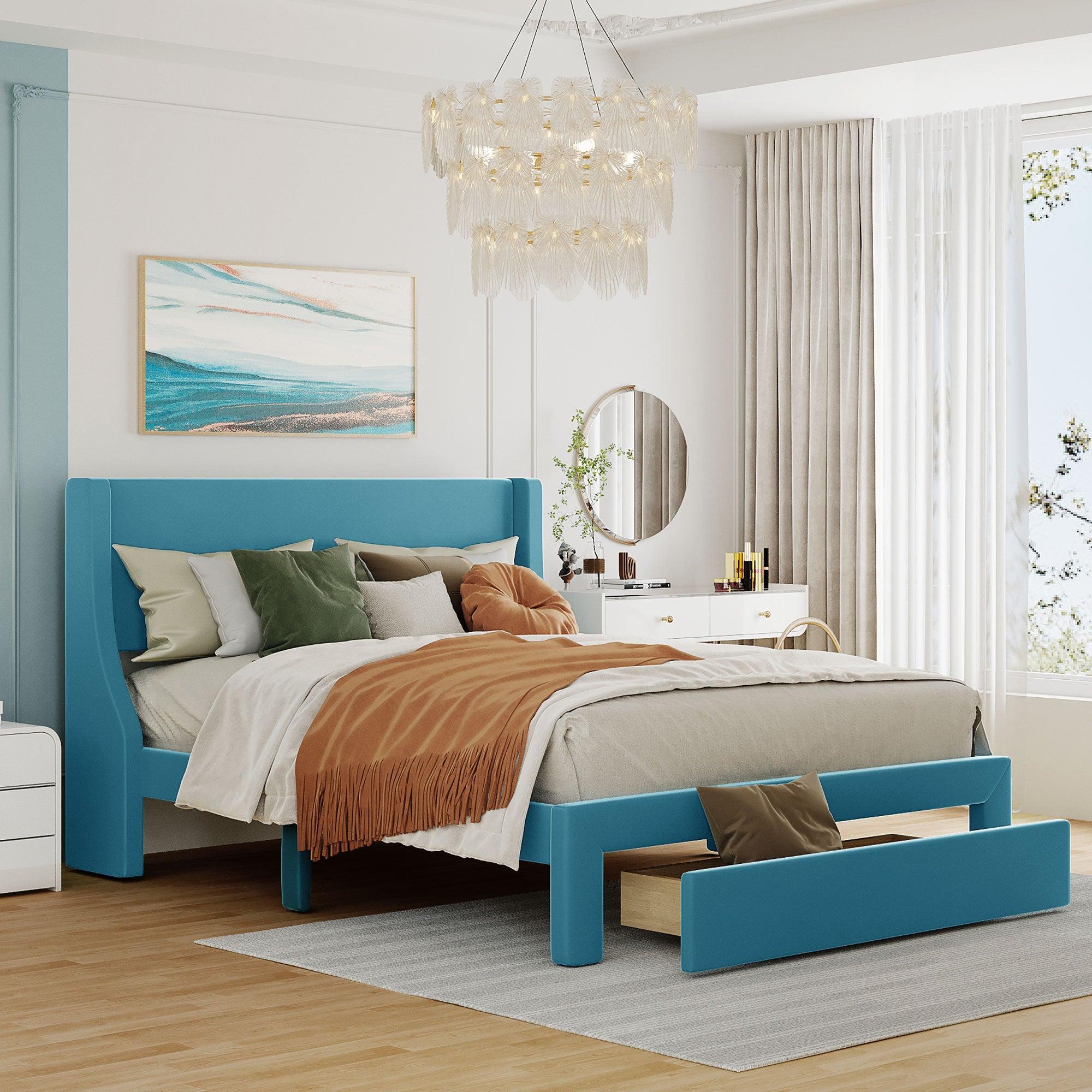 Queen SizeStorage Bed Velvet Upholstered Platform Bed with a Big Drawer - Blue image