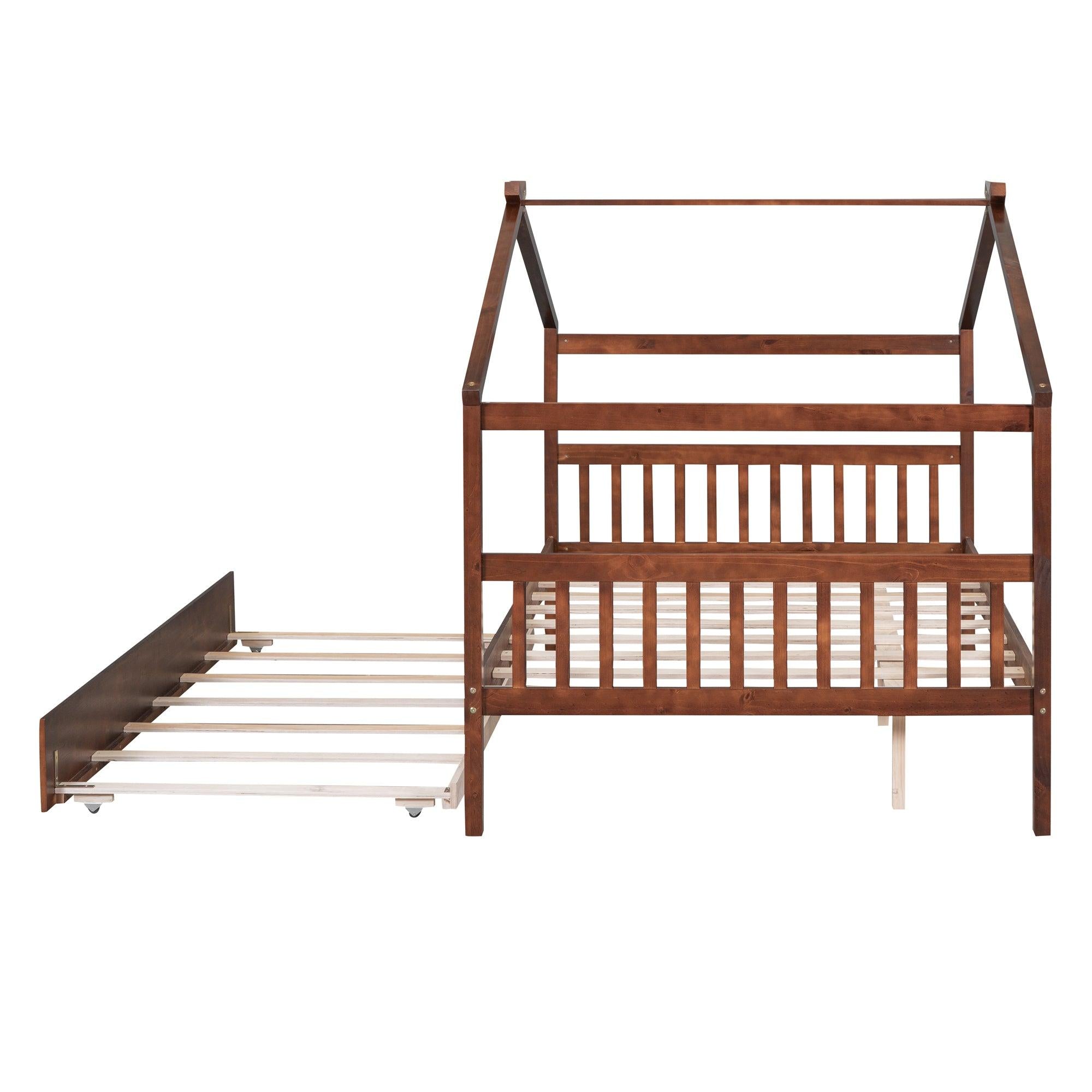 Full Size Wooden House Bed with Twin Size Trundle, Walnut