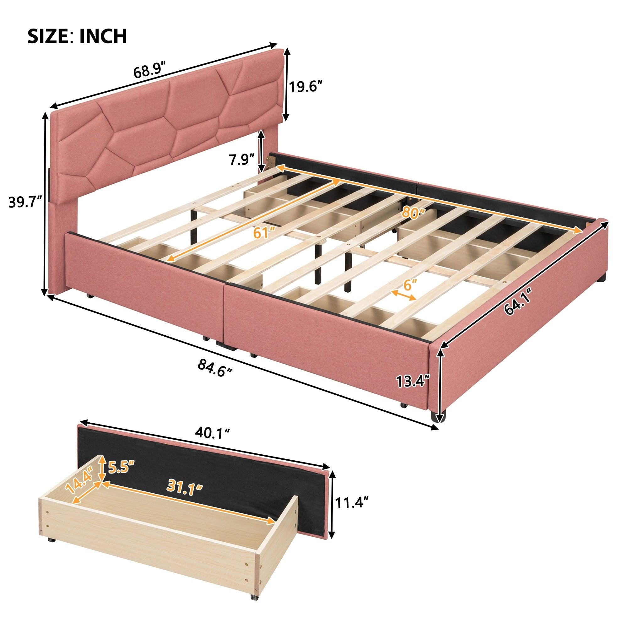 Queen Size Upholstered Platform Bed with Brick Pattern Heardboard and 4 Drawers, Linen Fabric, Pink