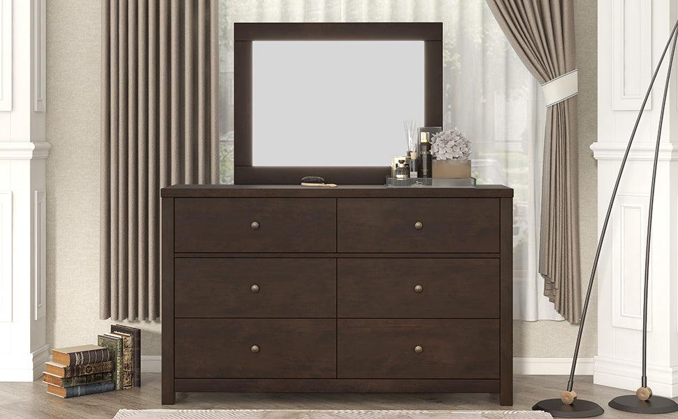 Vintage Aesthetic Solid Wood 6 Drawer Double Dressing Set in Rich Brown (Dresser + Mirror)