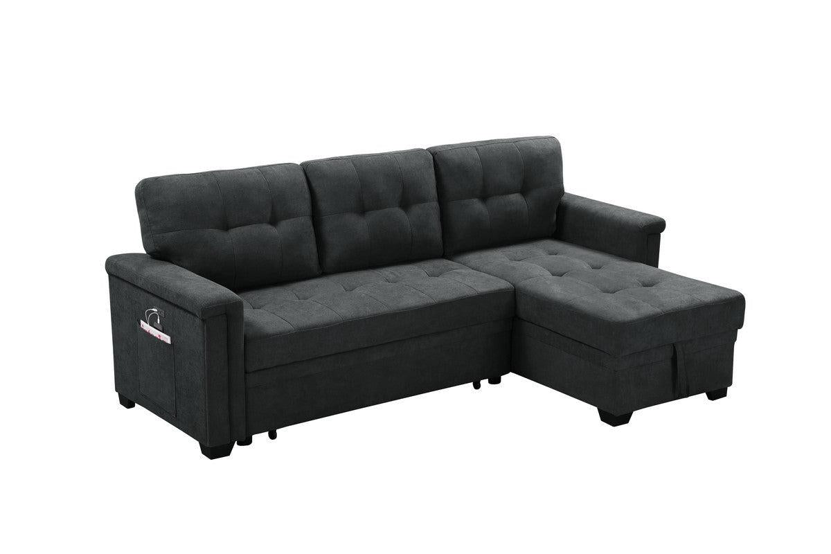 Ashlyn Dark Gray Woven Fabric Sleeper Sectional Sofa Chaise with USB Charger and Tablet Pocket