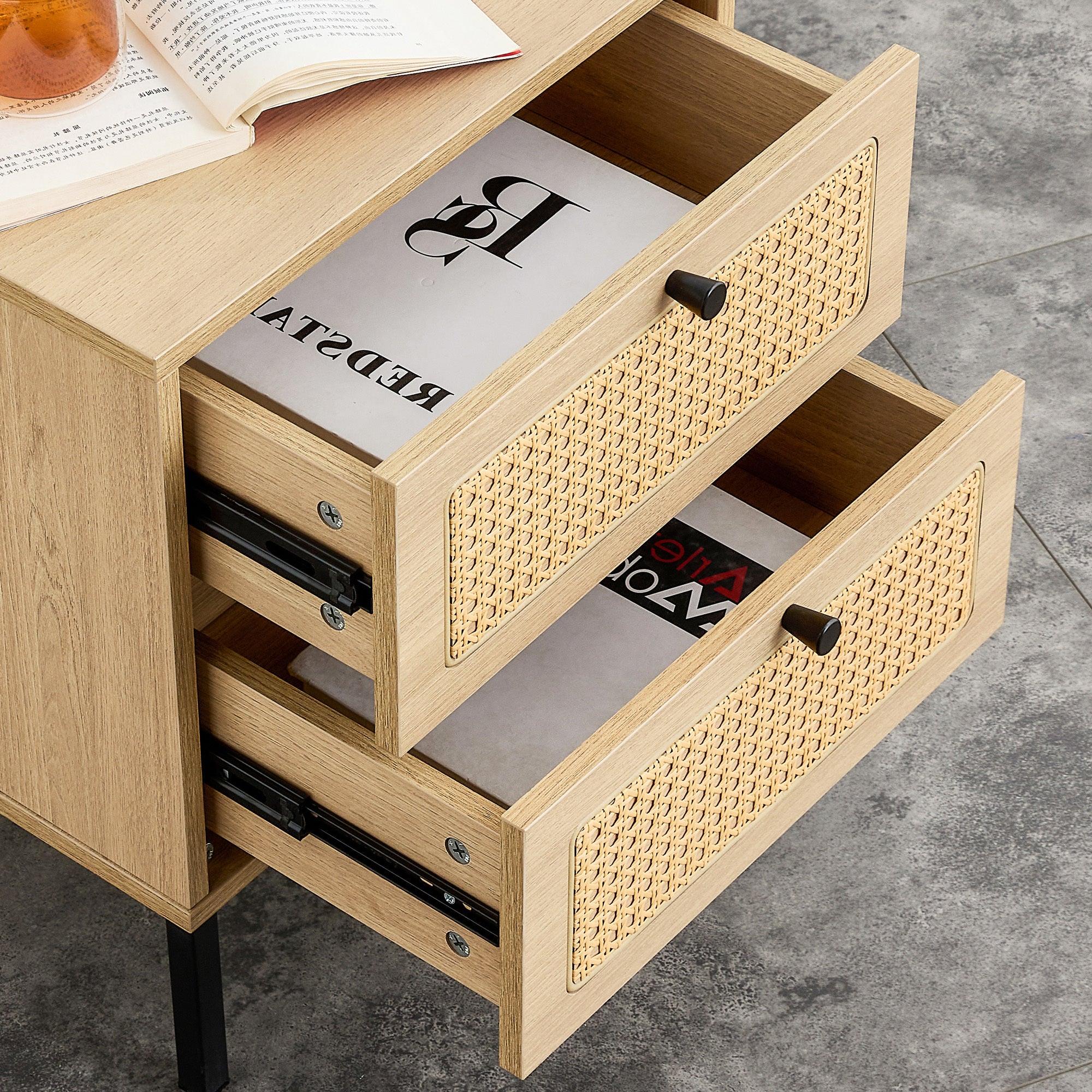 Modern simpleStorage cabinet MDF Board bedside cabinet Japanese rattan bedside cabinet Small household furniture bedside table.Applicable to dressing table in bedroom, porch, living room.2 Drawers