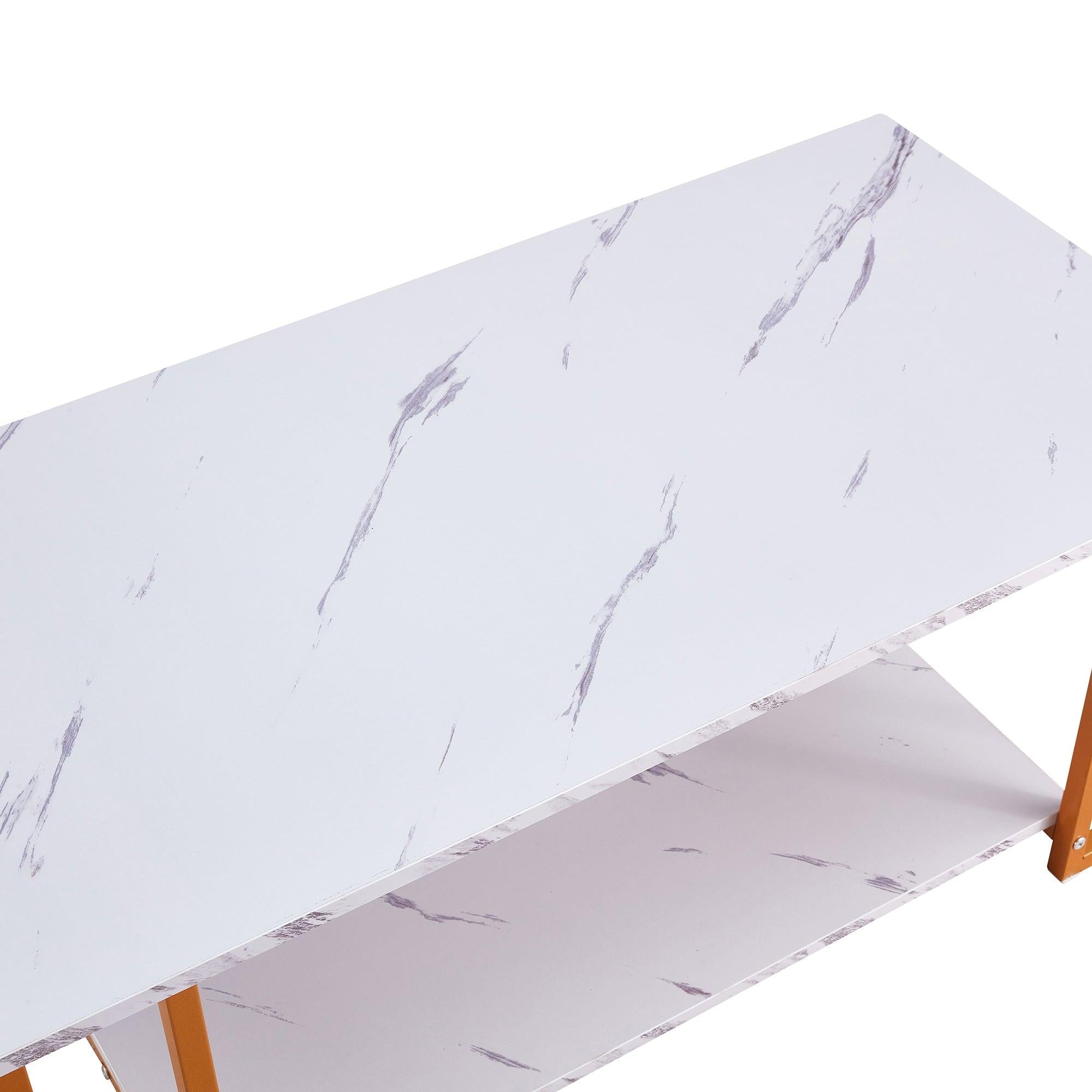 Coffee Table, 2 Layers 1.5cm Thick Marble MDF Rectangle 39.37" L Tabletop Iron Coffee Table , Dining Room, Coffee Shop, Resterant, White Top, ld Leg