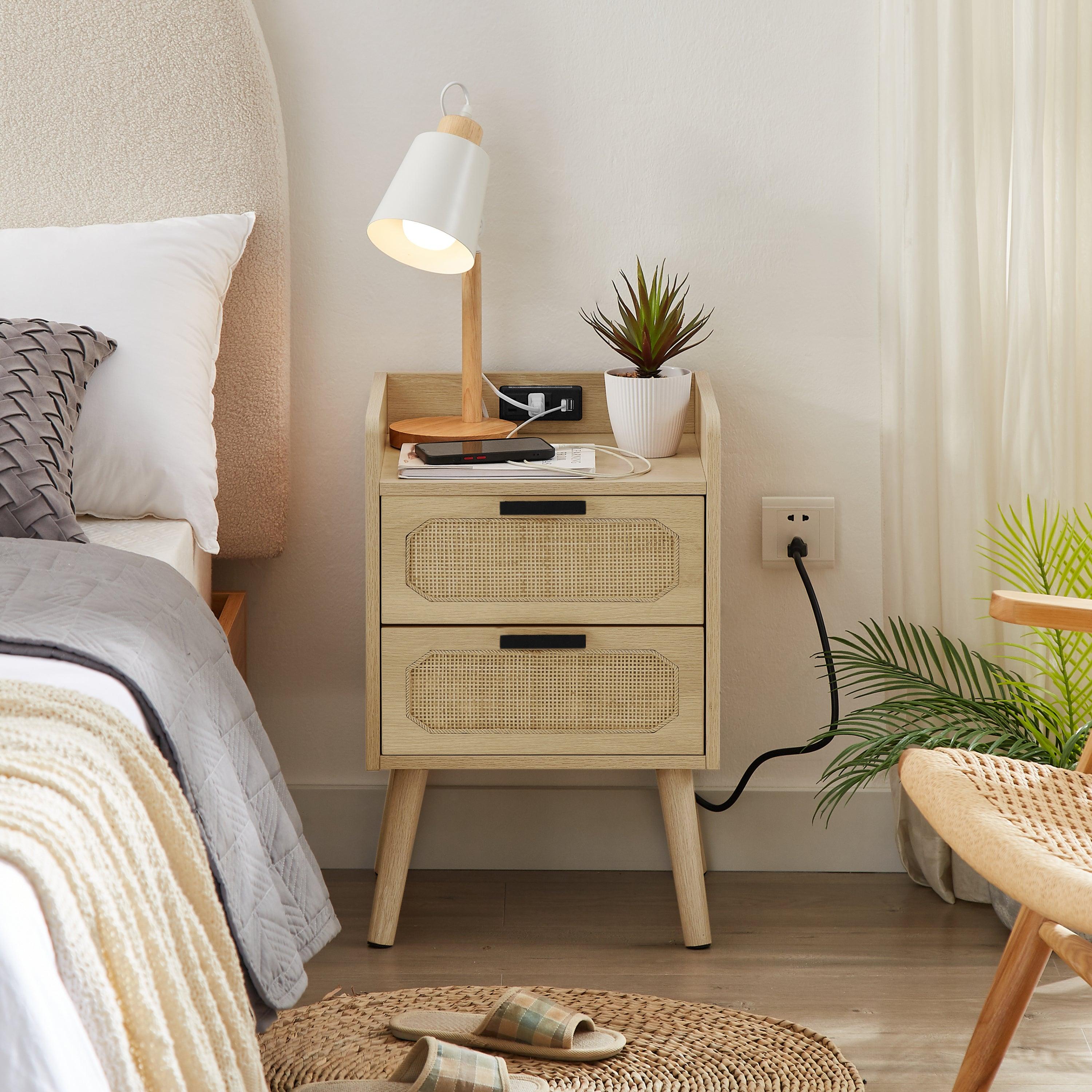 Rattan nightstand with socket side table natural handmade rattan（Natural 15.55’’W*13.78’’D*23.82’’H）