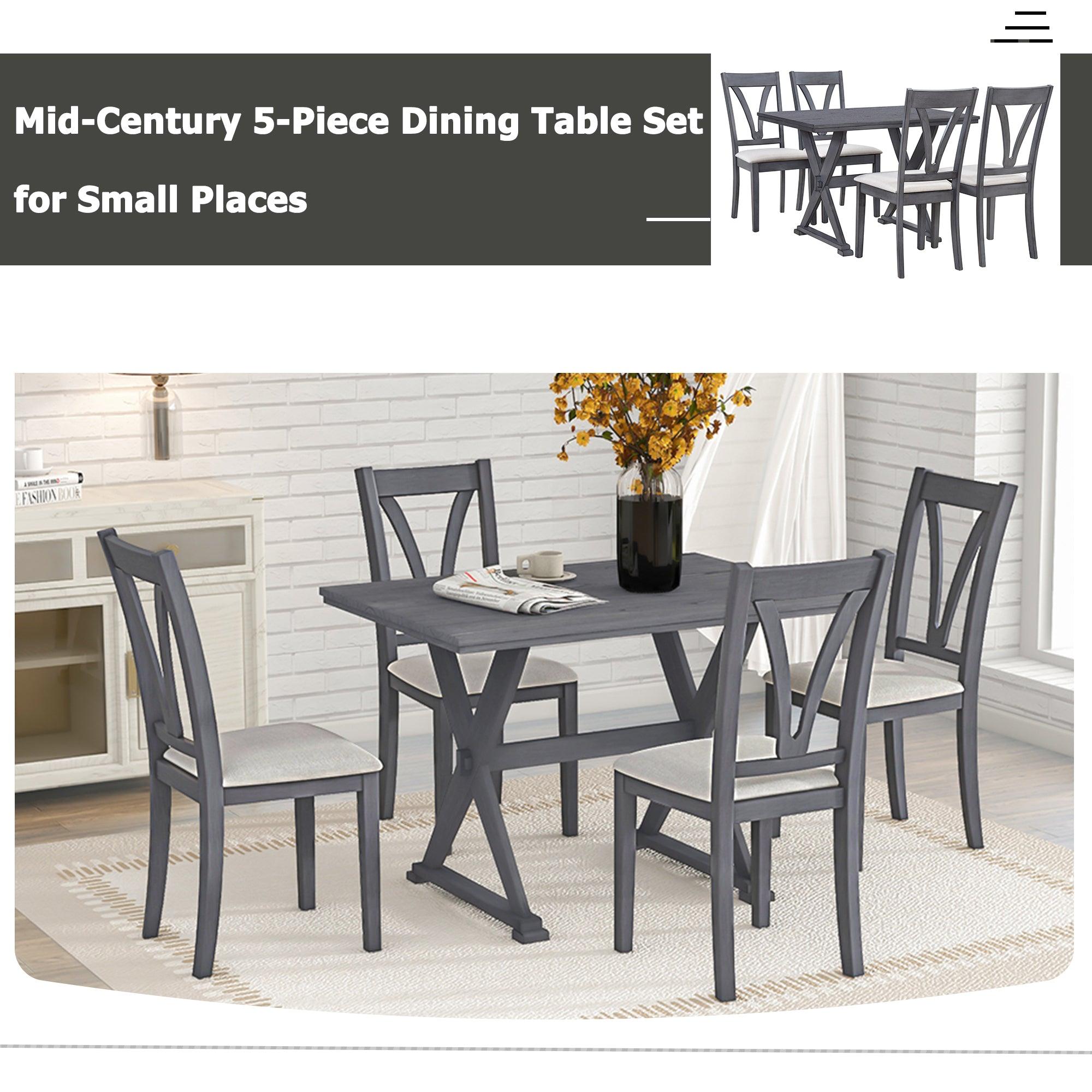 Mid-Century Wood 5-Piece Dining Table Set with 4 Upholstered Dining Chairs for Small Places, Antique Grey