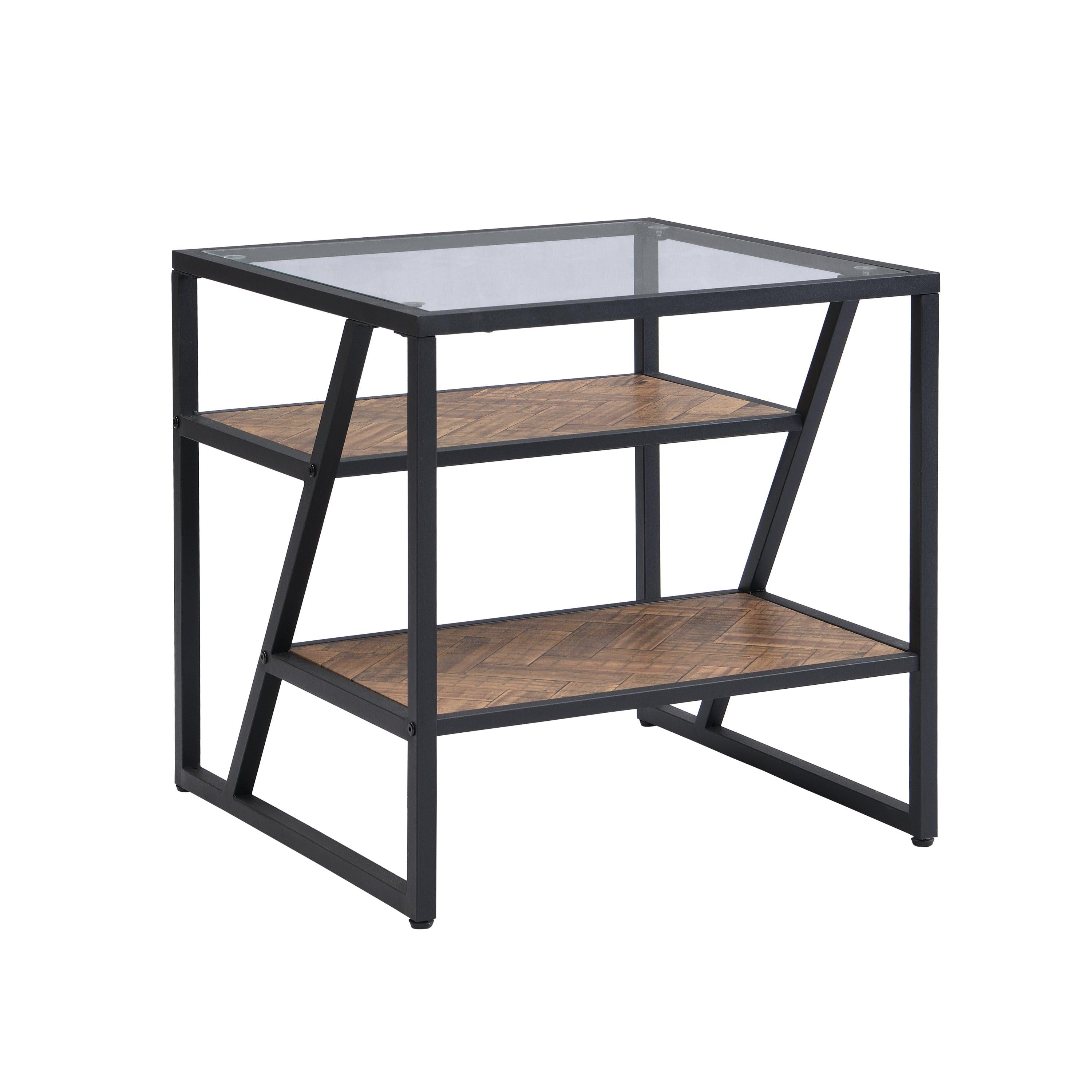 Black Side Table, End Table withStorage Shelf, Tempered Glass Coffee Table with Metal Frame for Living Room&Bed Room