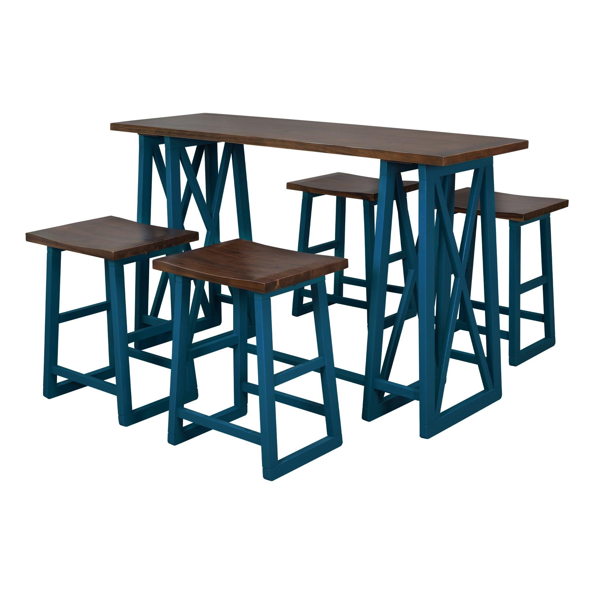 Rustic Counter Height 5-Piece Dining Set, Wood Console Table Set with 4 Stools for Small Places,Walnut+Blue