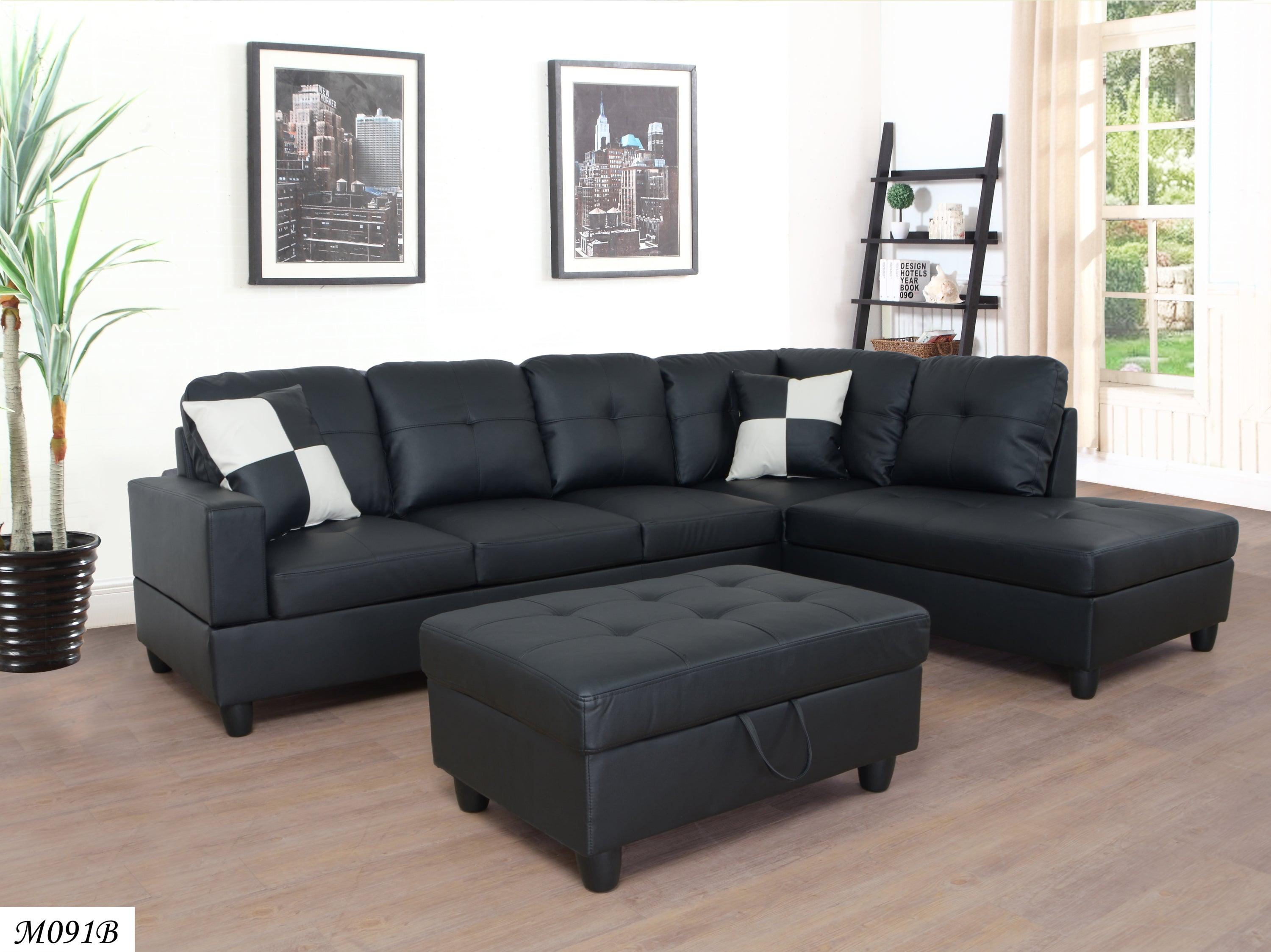 3 PC Sectional Sofa Set, (Black) Faux Leather left-Facing Sofa with FreeStorage Ottoman image