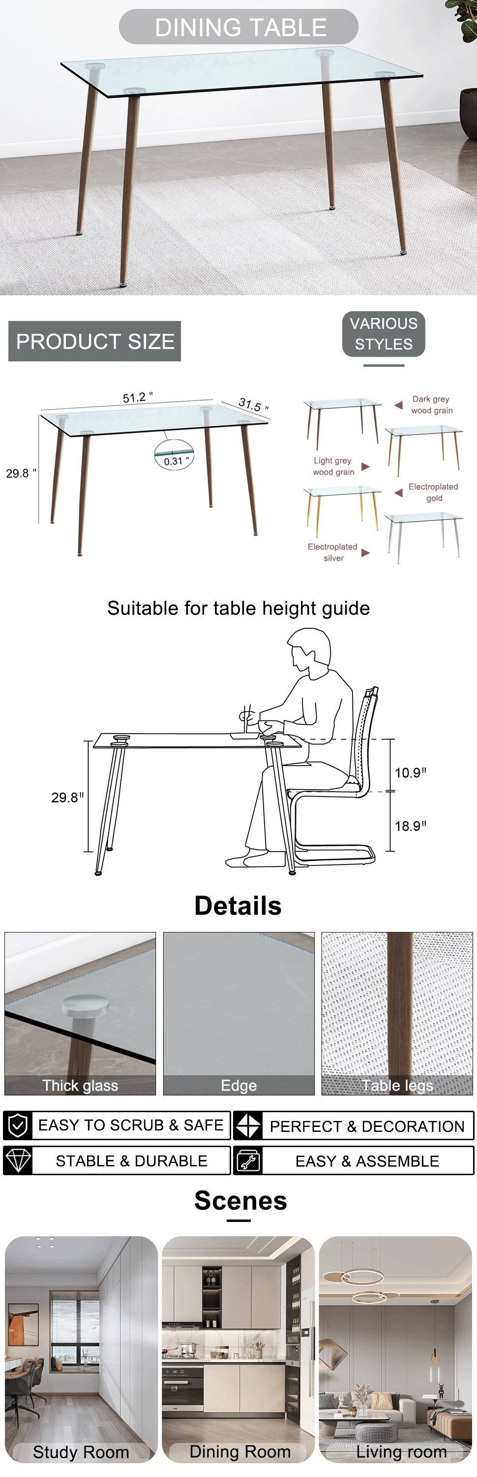 Modern Rectangular Glass Dining Table for 4-6 with 0.31" Tempered Glass Tabletop and Dark woodcolor Powder Coating  Metal Legs, Writing Table Desk,for Kitchen Dining Living Room, 51" W x 31"D x 30" H