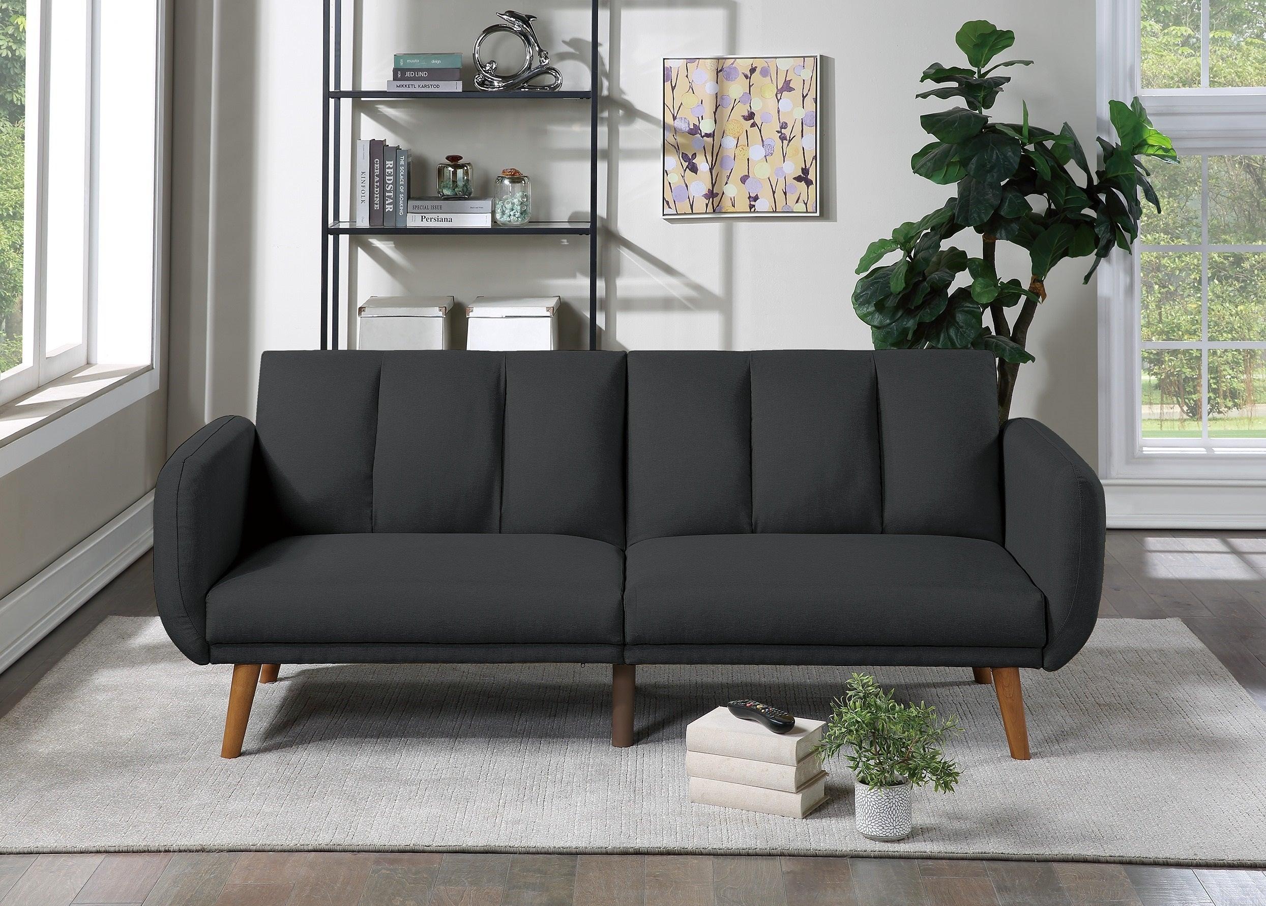 ElegantModern Sofa Black Polyfiber 1pc Sofa Convertible Bed Wooden Legs Living Room Lounge Guest Furniture image