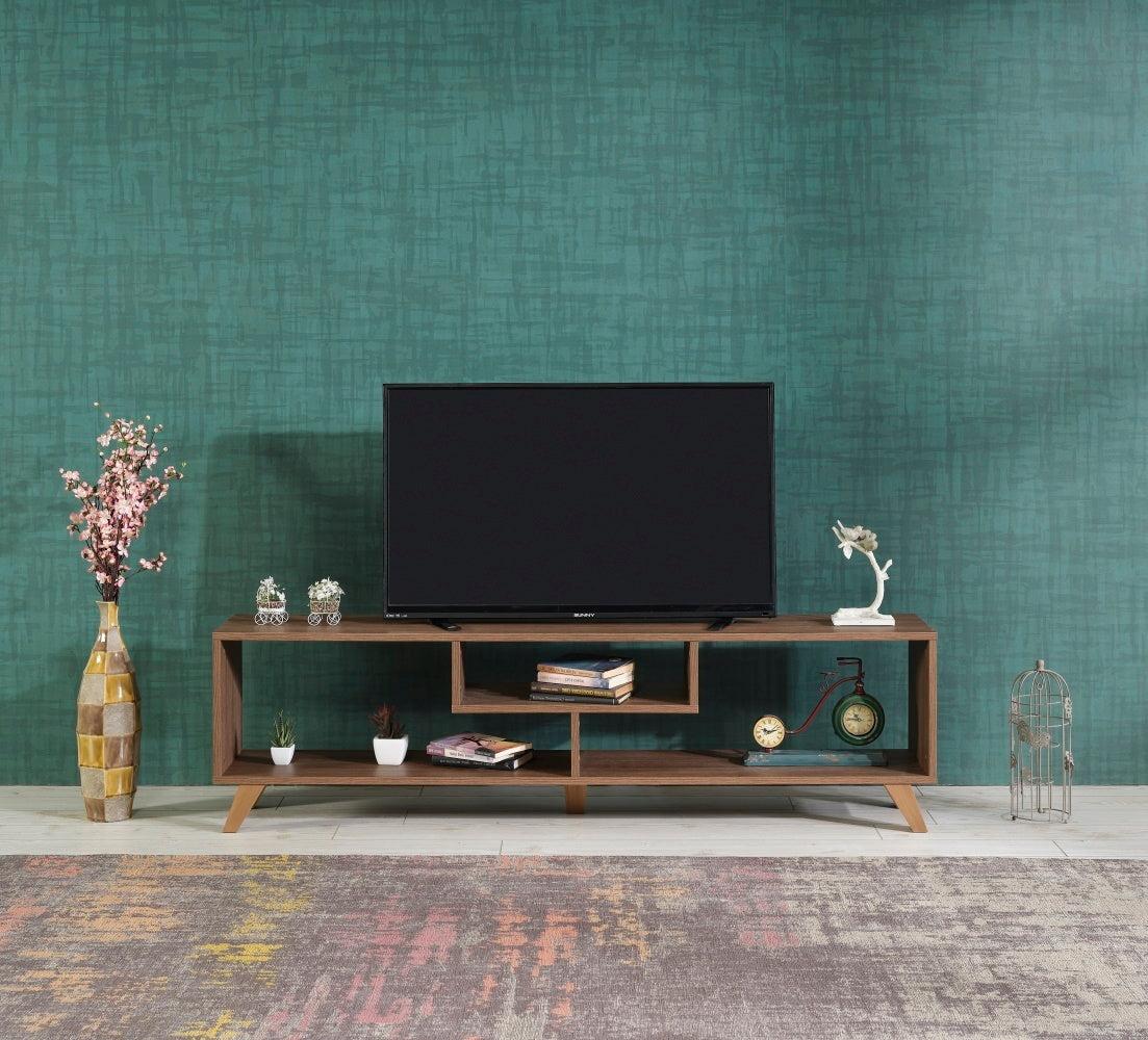 Parma Mid CenturyModern Tv Stand Open Shelving Entertainment Centre 67 inch Tv Unit, Walnut