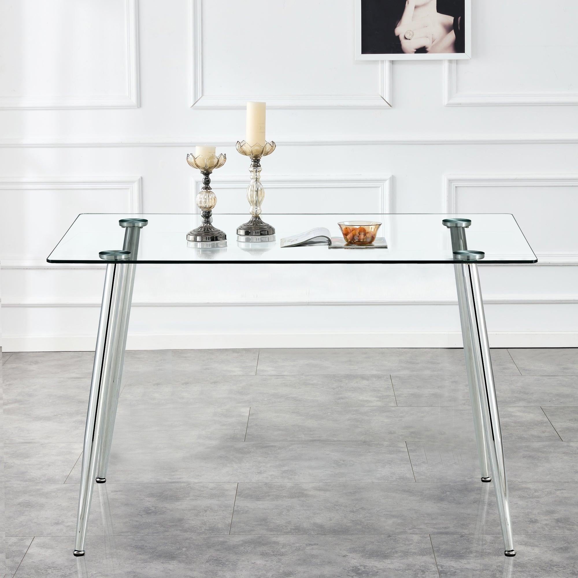 Modern Minimalist Rectangular Glass Dining Table for 4-6 with 0.31" Tempered Glass Tabletop and Silver Chrome Metal Legs, Writing Table Desk, for Kitchen Dining Living Room, 47" W x 29"D x 30" H