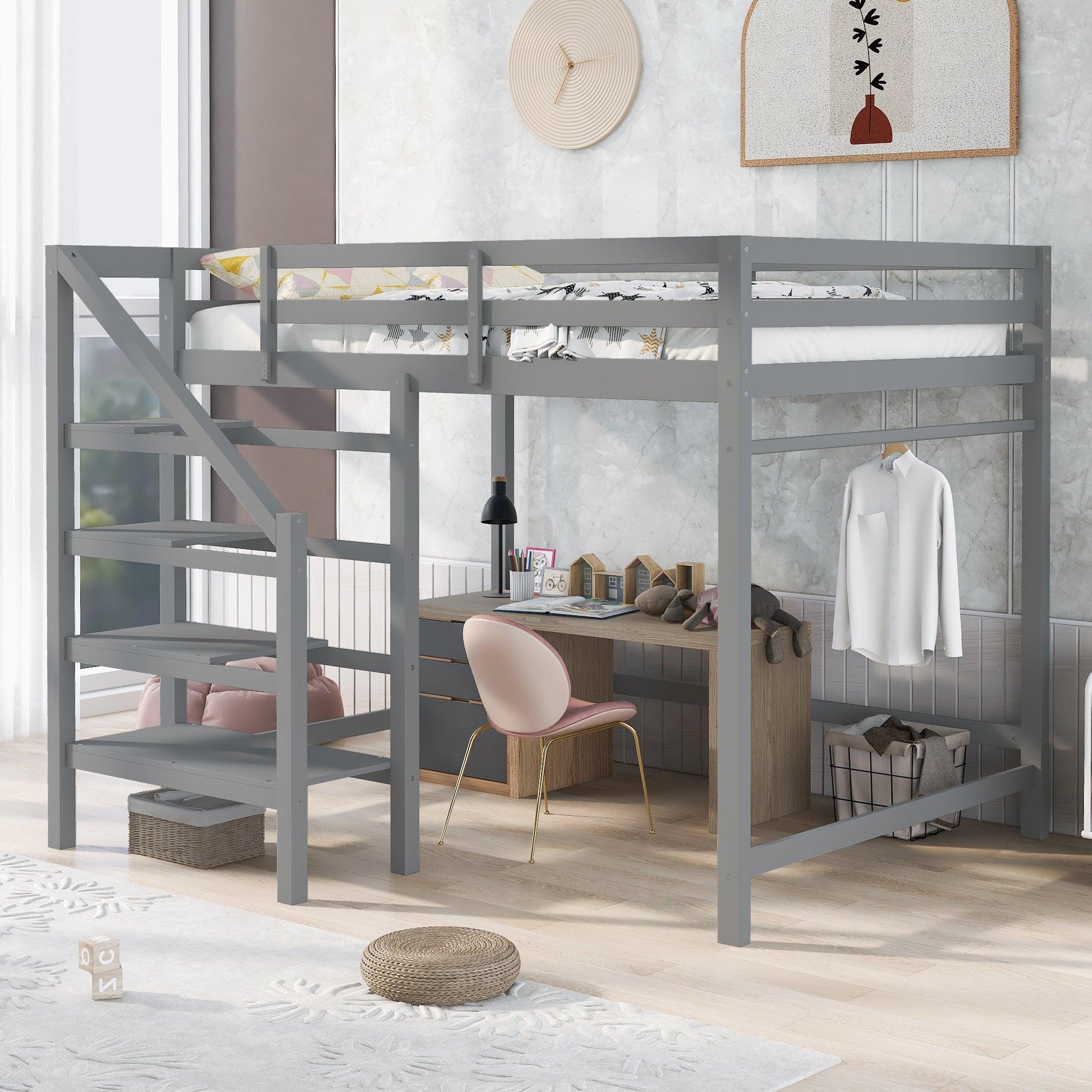 Full Size Loft Bed with Built-inStorage Staircase and Hanger for Clothes,Gray image