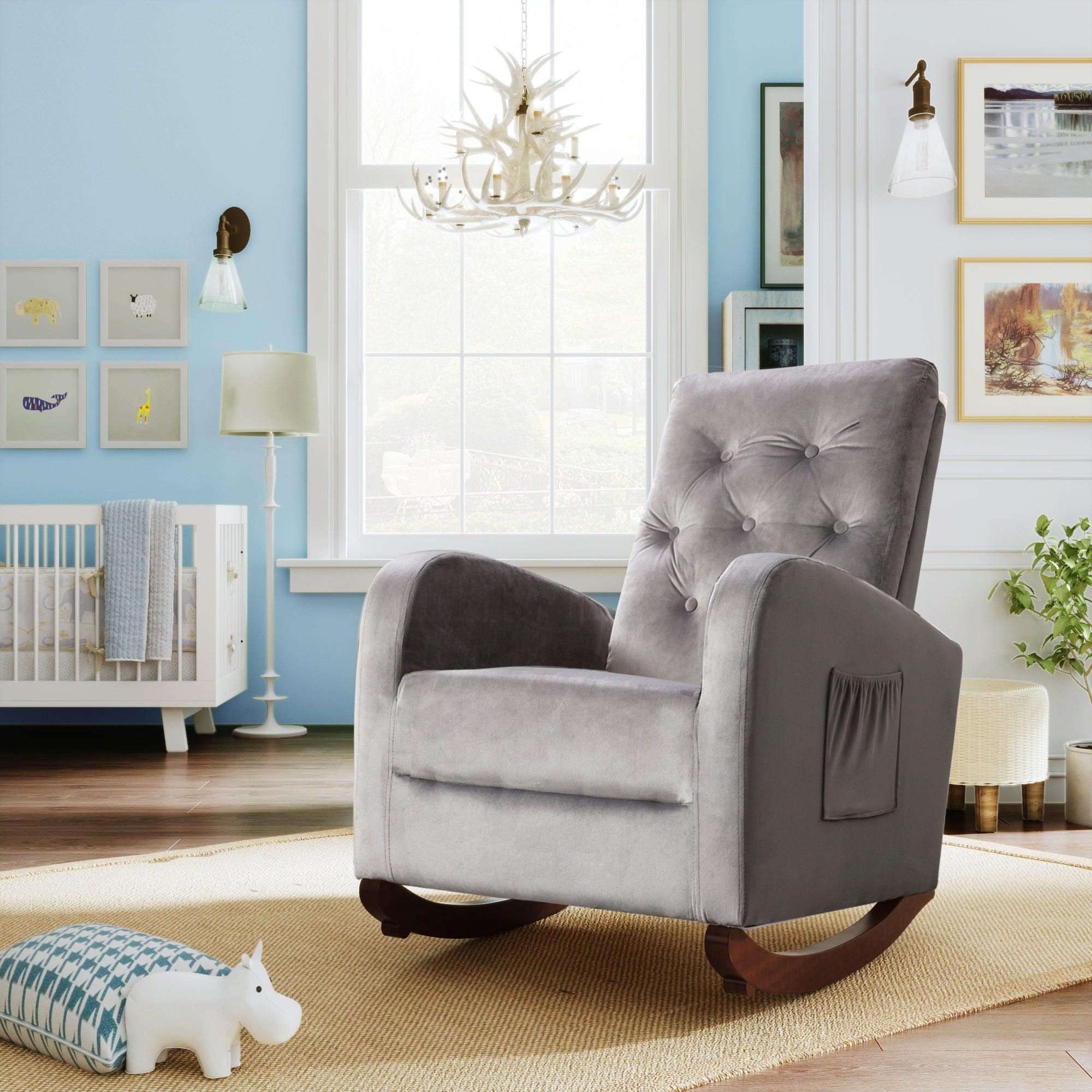 Baby Room High Back Rocking Chair Nursery Chair , Comfortable Rocker Fabric Padded Seat ,Modern High Back Armchair