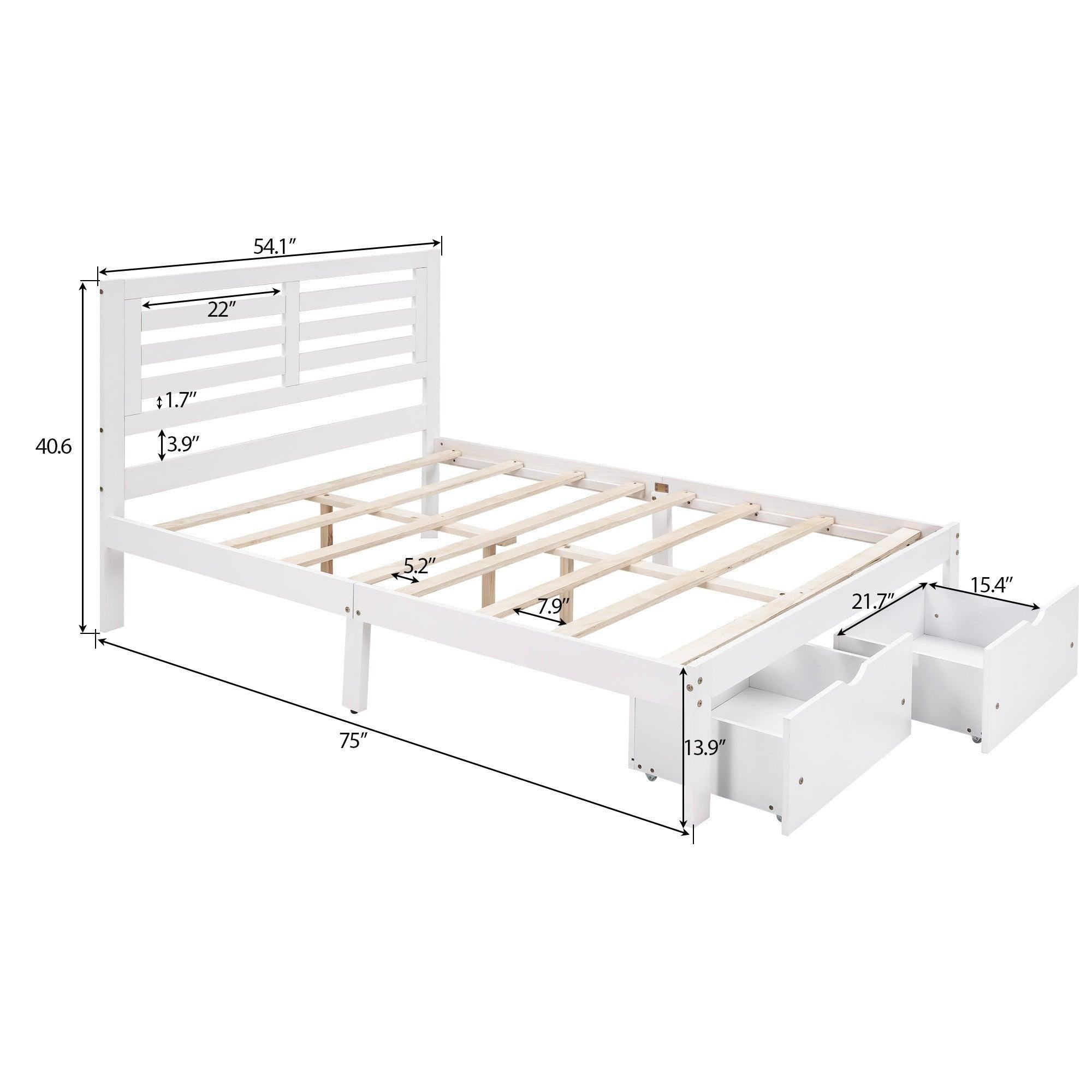 Full Size Platform Bed with Drawers, White