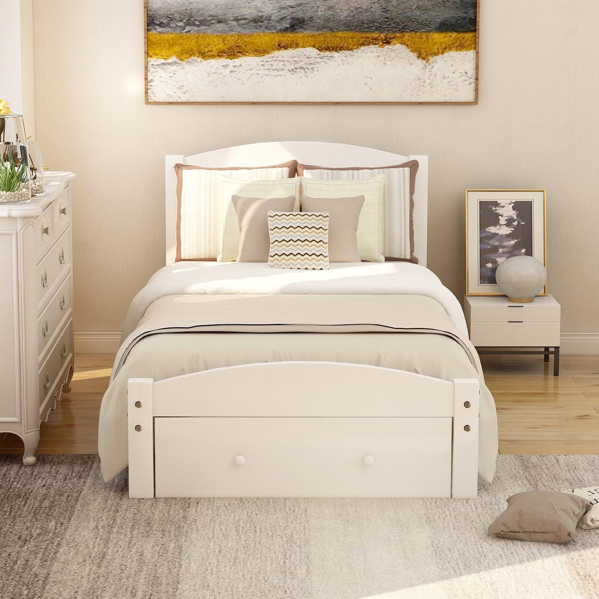 Platform Twin Bed Frame withStorage Drawer and Wood Slat Support No Box Spring Needed, White